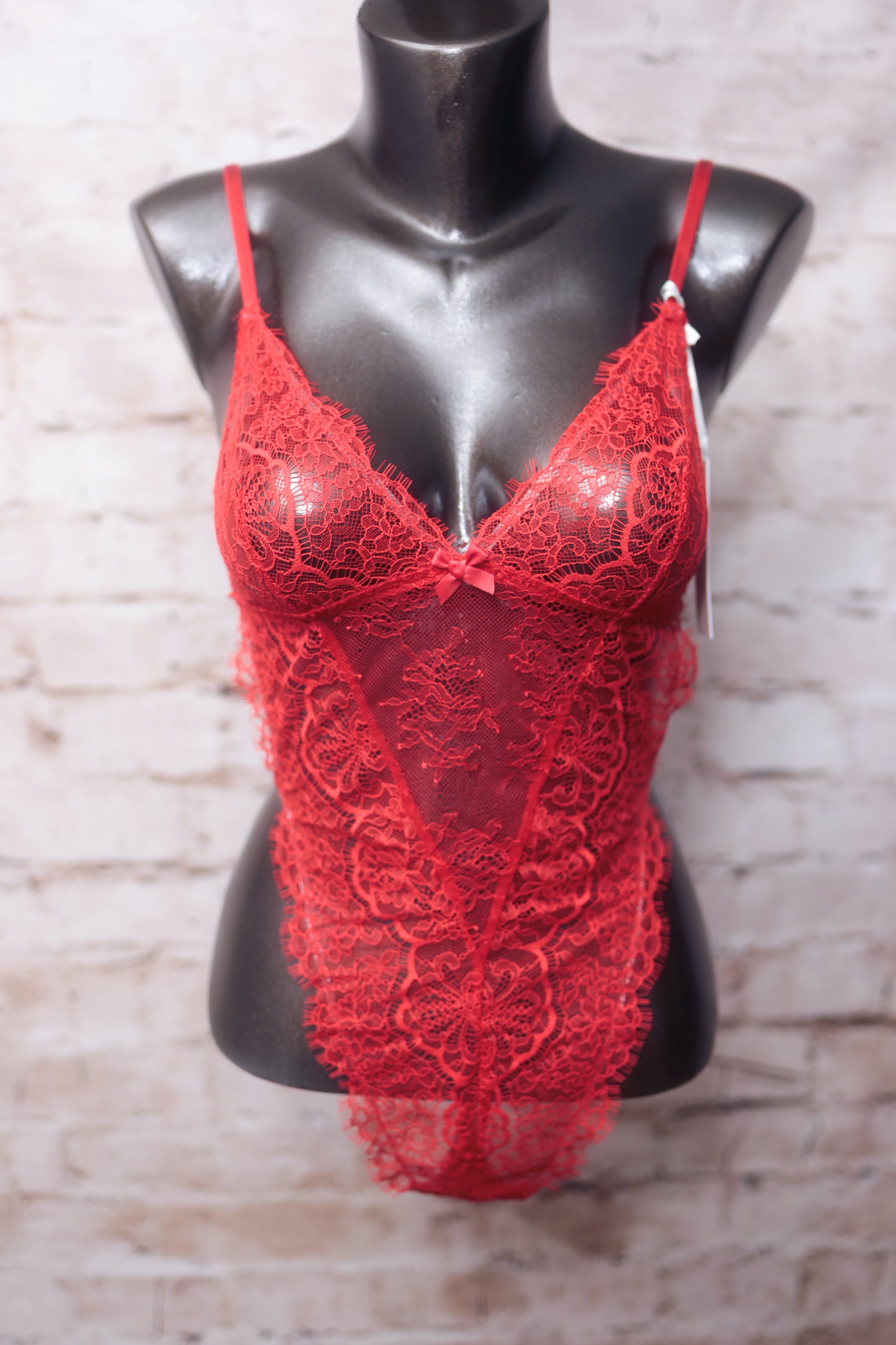 Victoria's Secret Teddy Lingerie Strappy High-rise Small Red Sheer Lace NEW