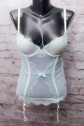 Victoria's Secret 34B Boned Corset Babydoll with Garter Straps White Blue