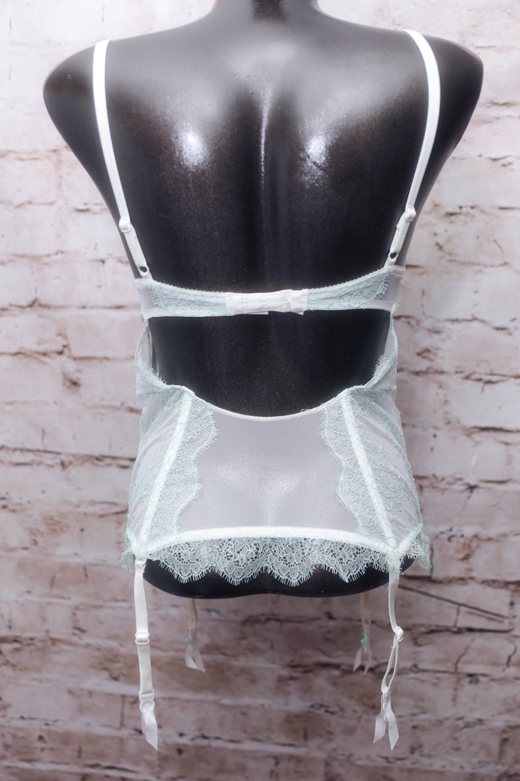 Victoria's Secret 34B Boned Corset Babydoll with Garter Straps White Blue