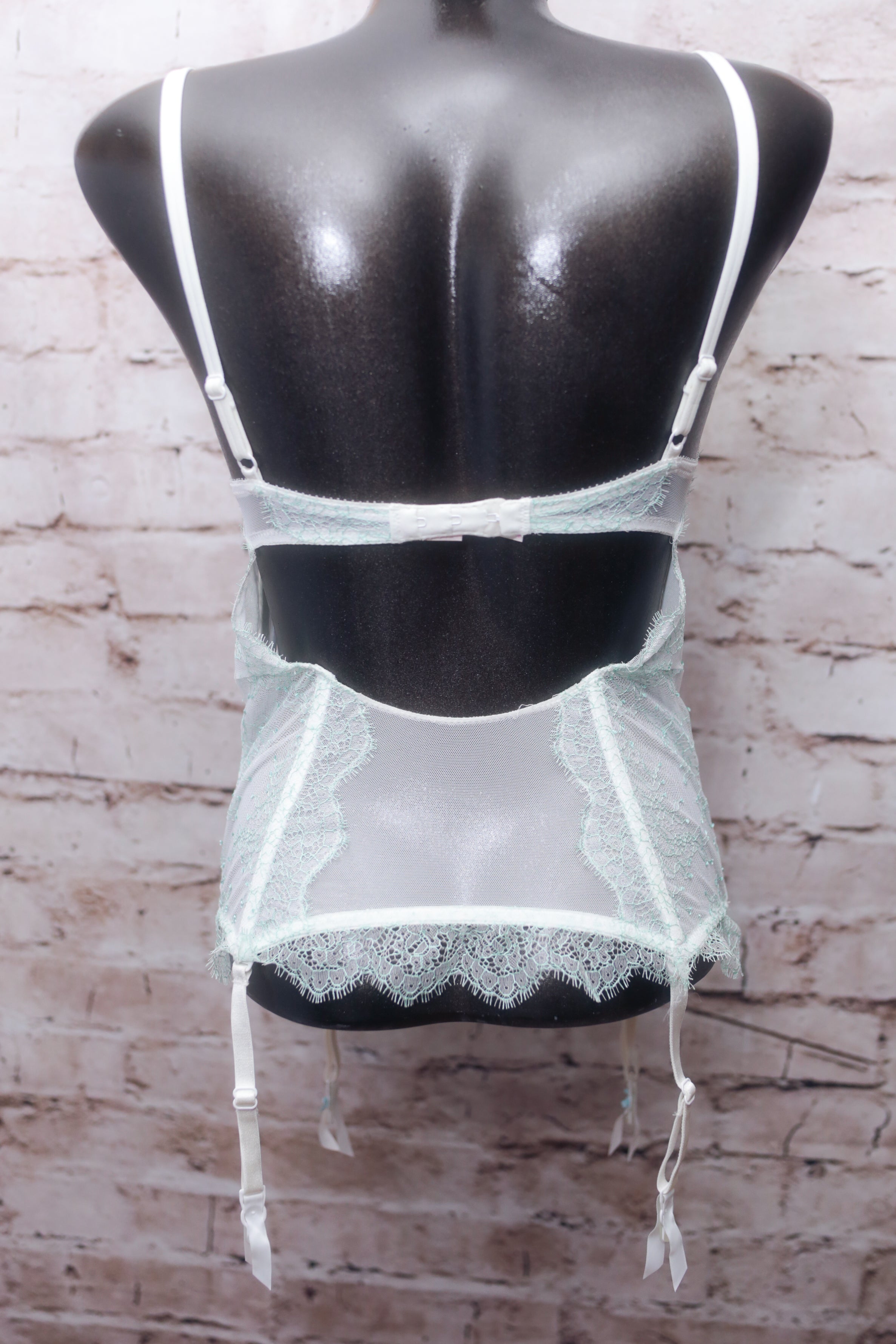 Victoria's Secret 34B Boned Corset Babydoll with Garter Straps White Blue