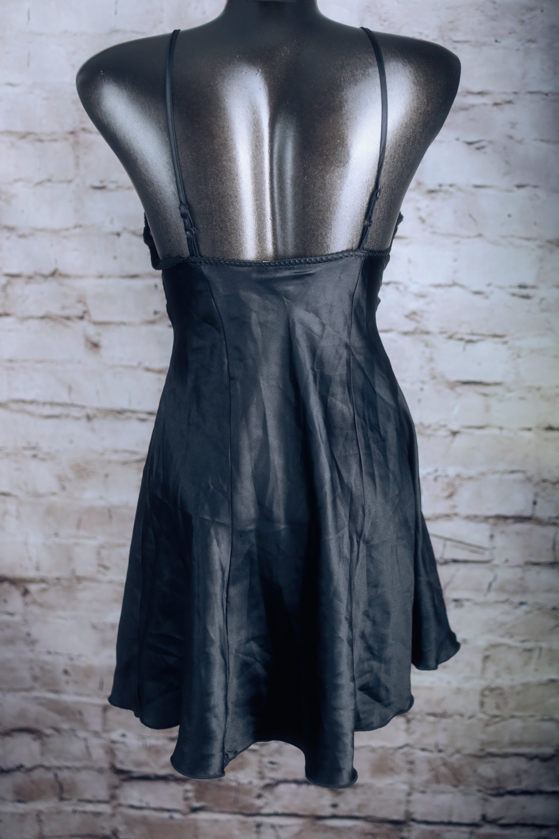 Tiffany's Closet Vintage Chemise Nightie Black Satin and Lace Small