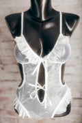 Sheer Mesh and Lace Open-crotch Teddy Bodysuit Lingerie White Medium NEW