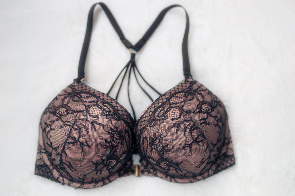 Victoria's Secret 34D Bombshell Plunge Push-up Bra Black Beige Lace