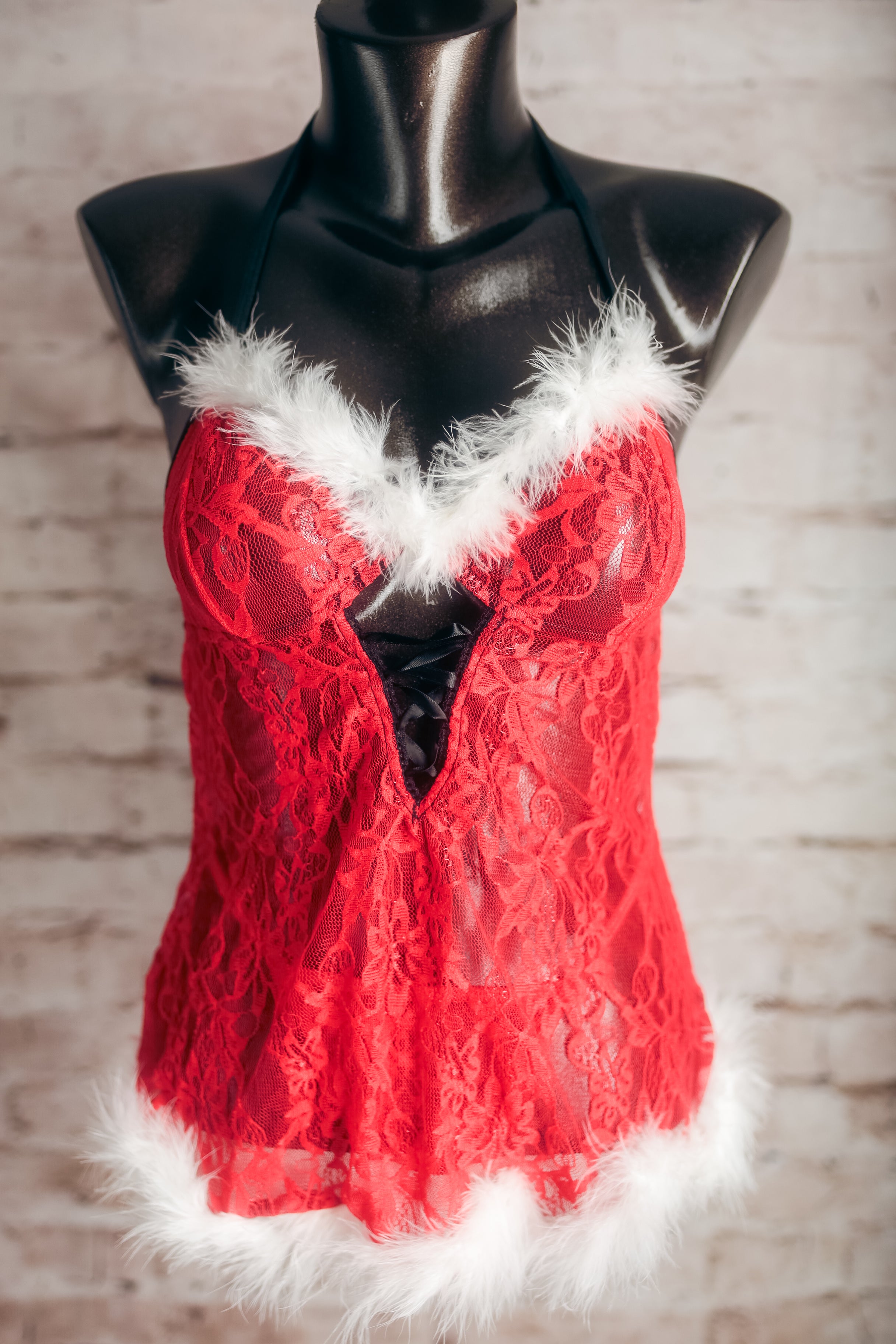 Christmas Claus Red Lace Marabou Chemise and Thong Lingerie Set Small