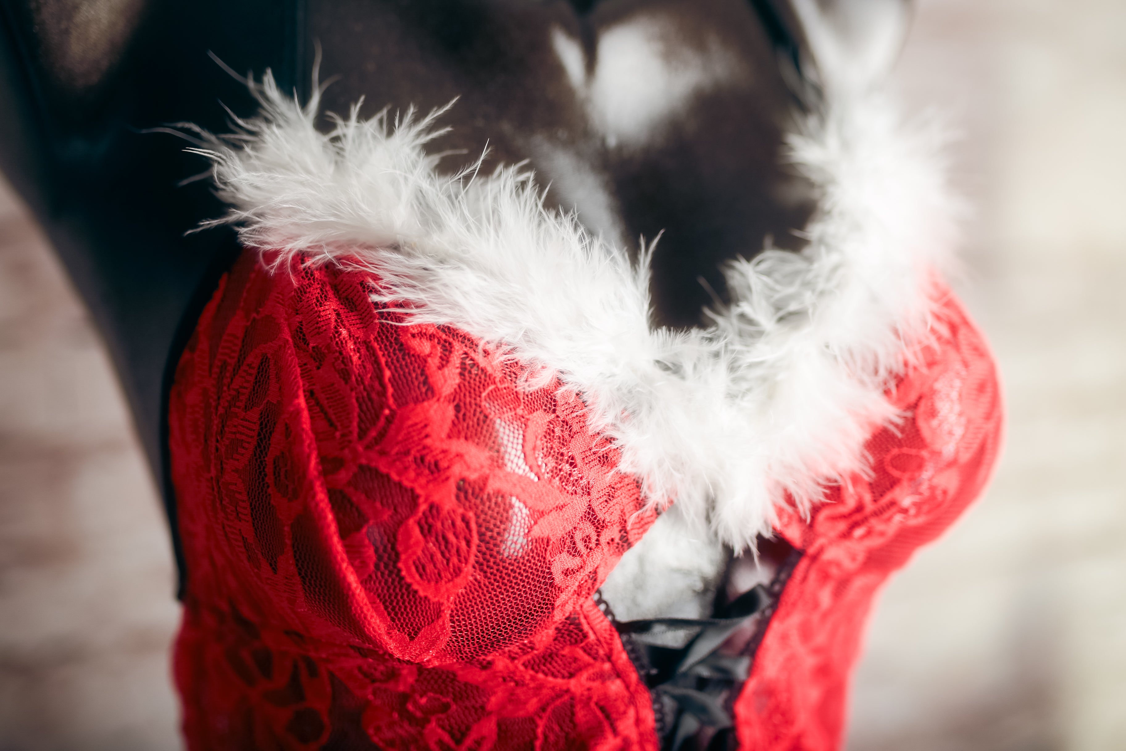 Christmas Claus Red Lace Marabou Chemise and Thong Lingerie Set Small
