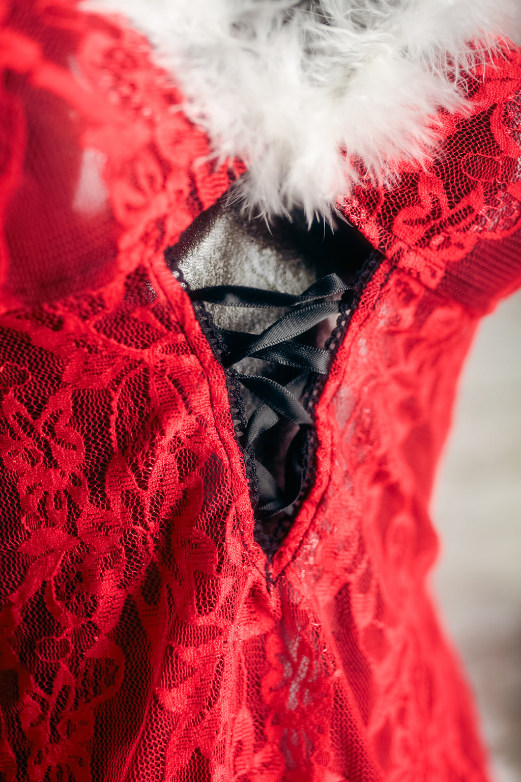 Christmas Claus Red Lace Marabou Chemise and Thong Lingerie Set Small