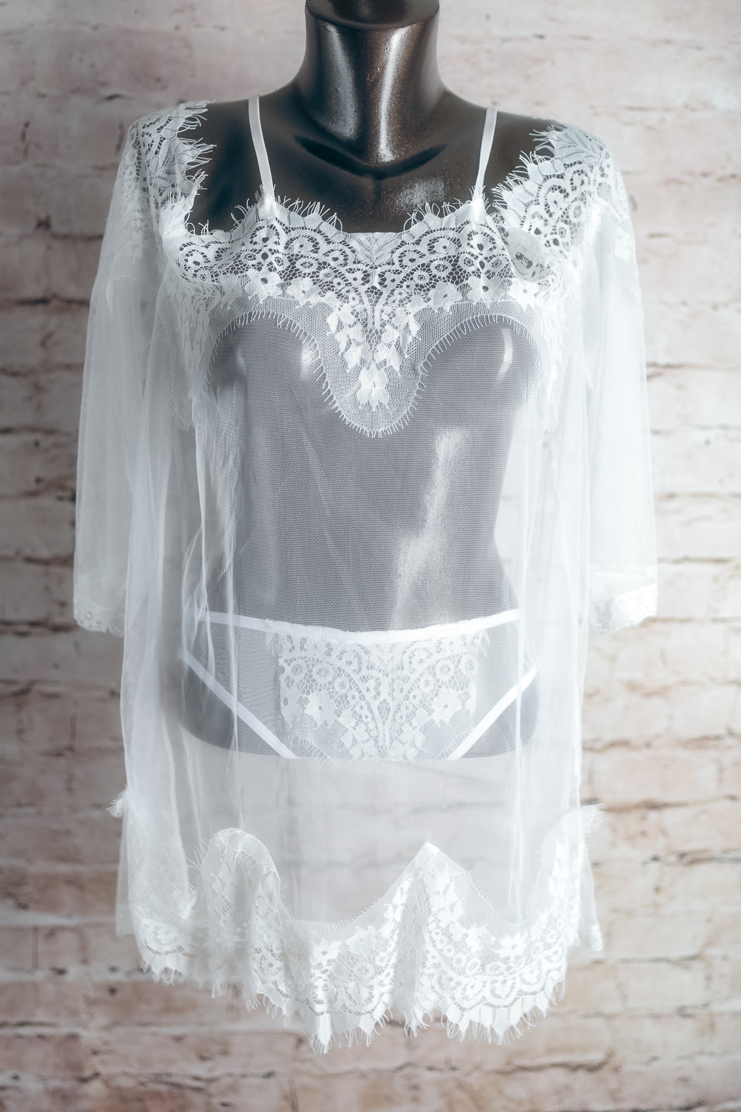 Sheer Mesh and Lace Chemise and Panty Set Lingerie White Medium NEW