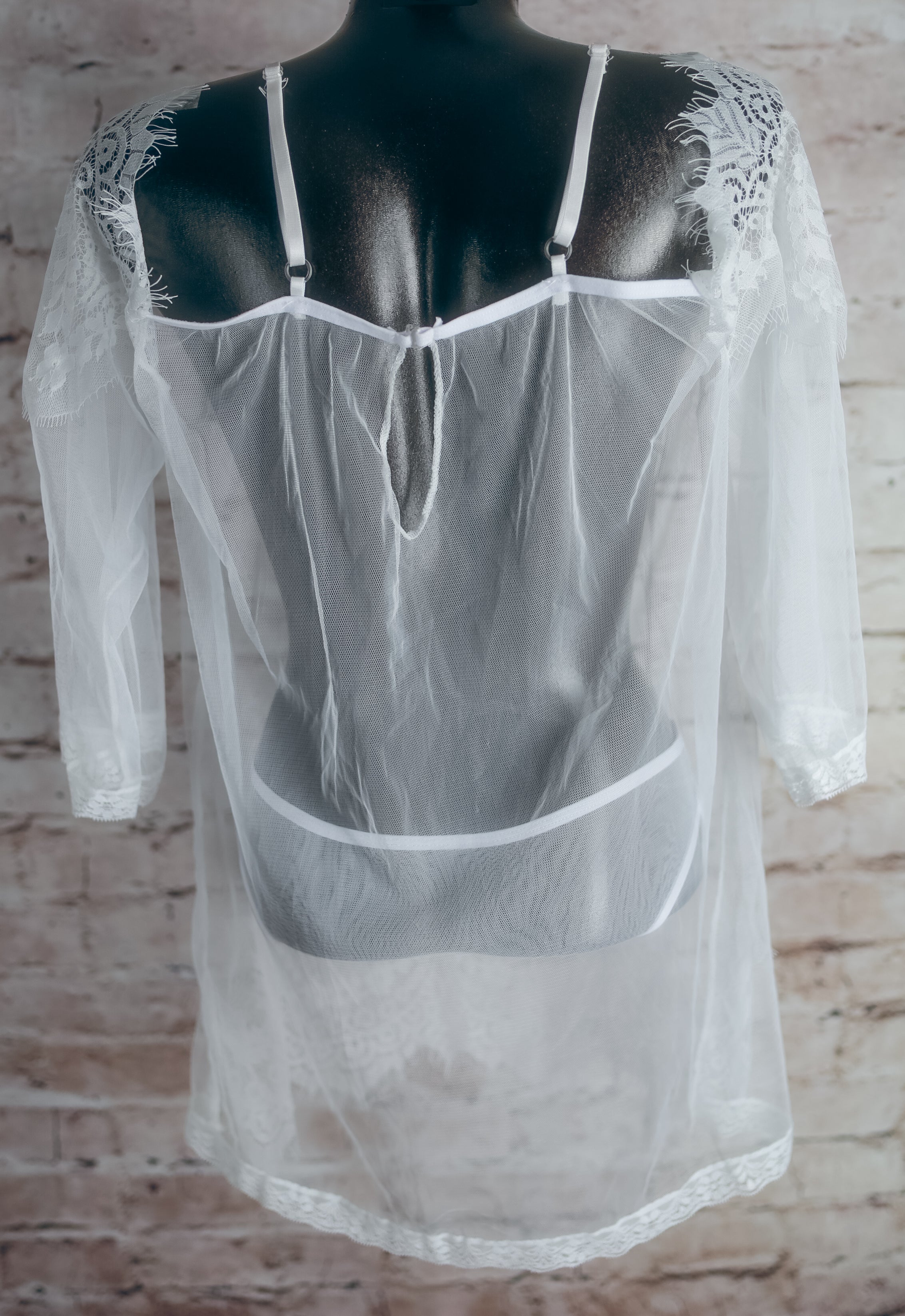 Sheer Mesh and Lace Chemise and Panty Set Lingerie White Medium NEW