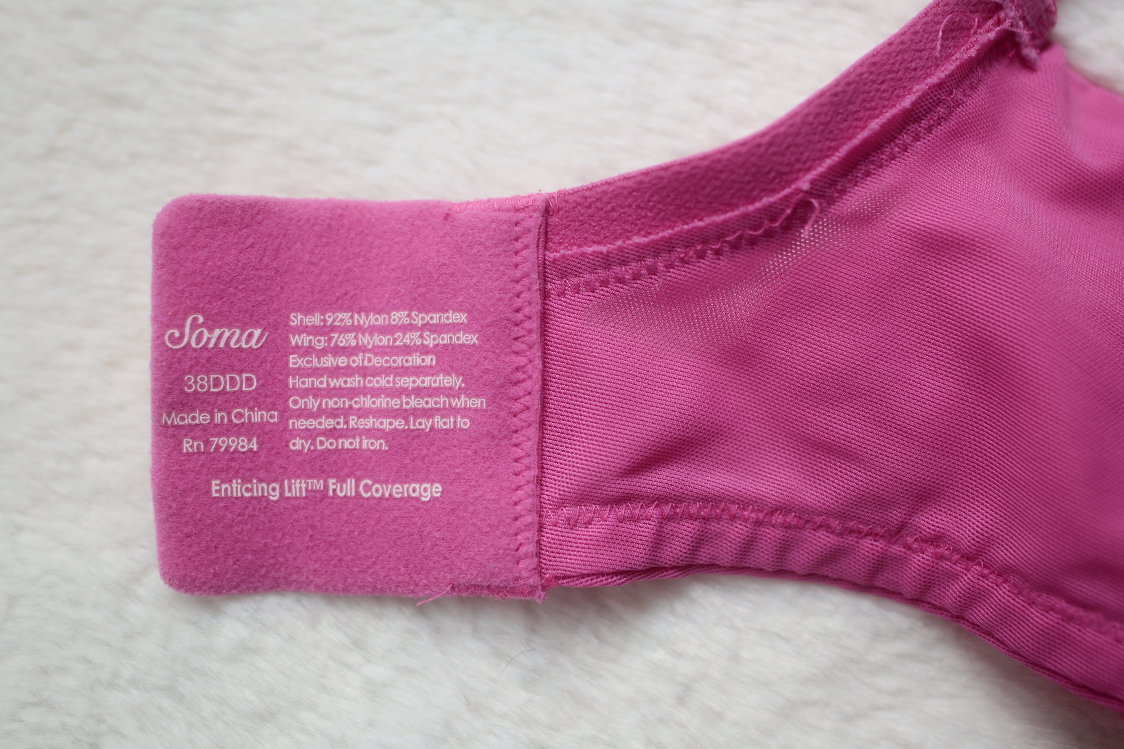 Soma 38DDD Enticing Lift Full Coverage Unlined Bra Pink