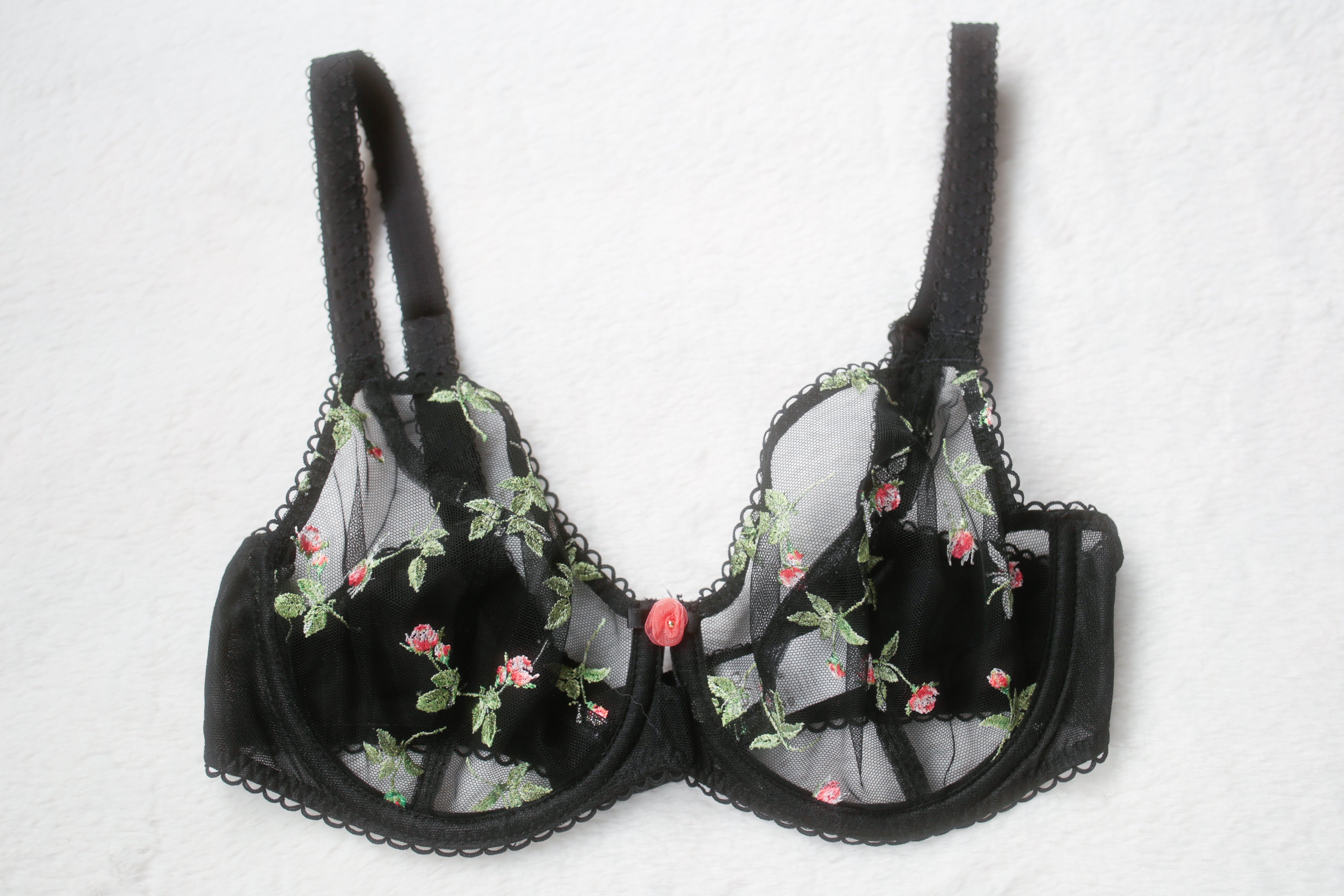 Freya US 32G UK 32F Rose Blossom Plunge Unlined Embroidered Mesh Bra AA402402 Black