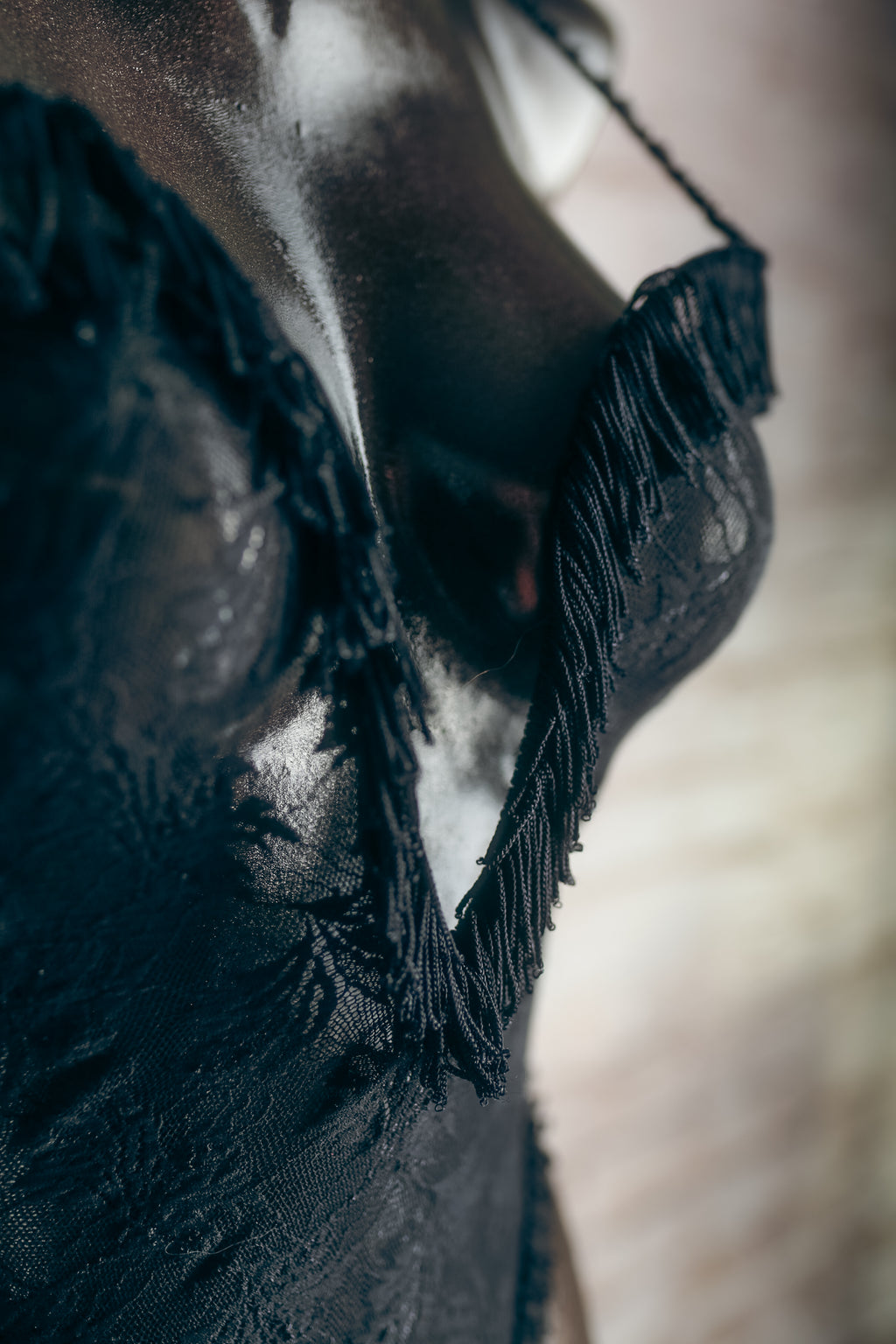 Faris Tasseled Gullwing Plunge Thong Teddy Lingerie Black One Size