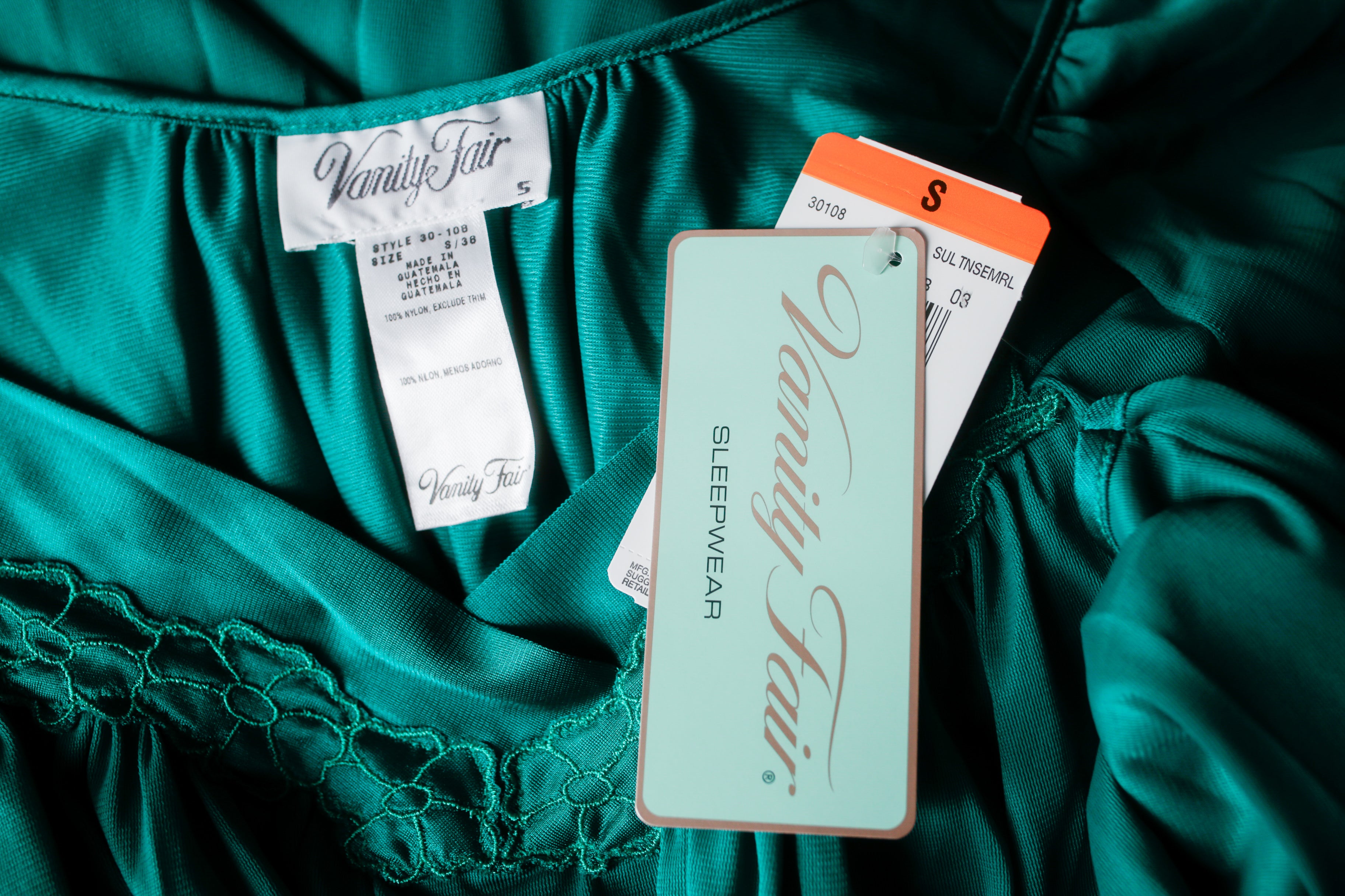 Vanity Fair Vintage Satin Embroidered Slip Peignoir Negligee Nightgown Small Emerald Green NEW