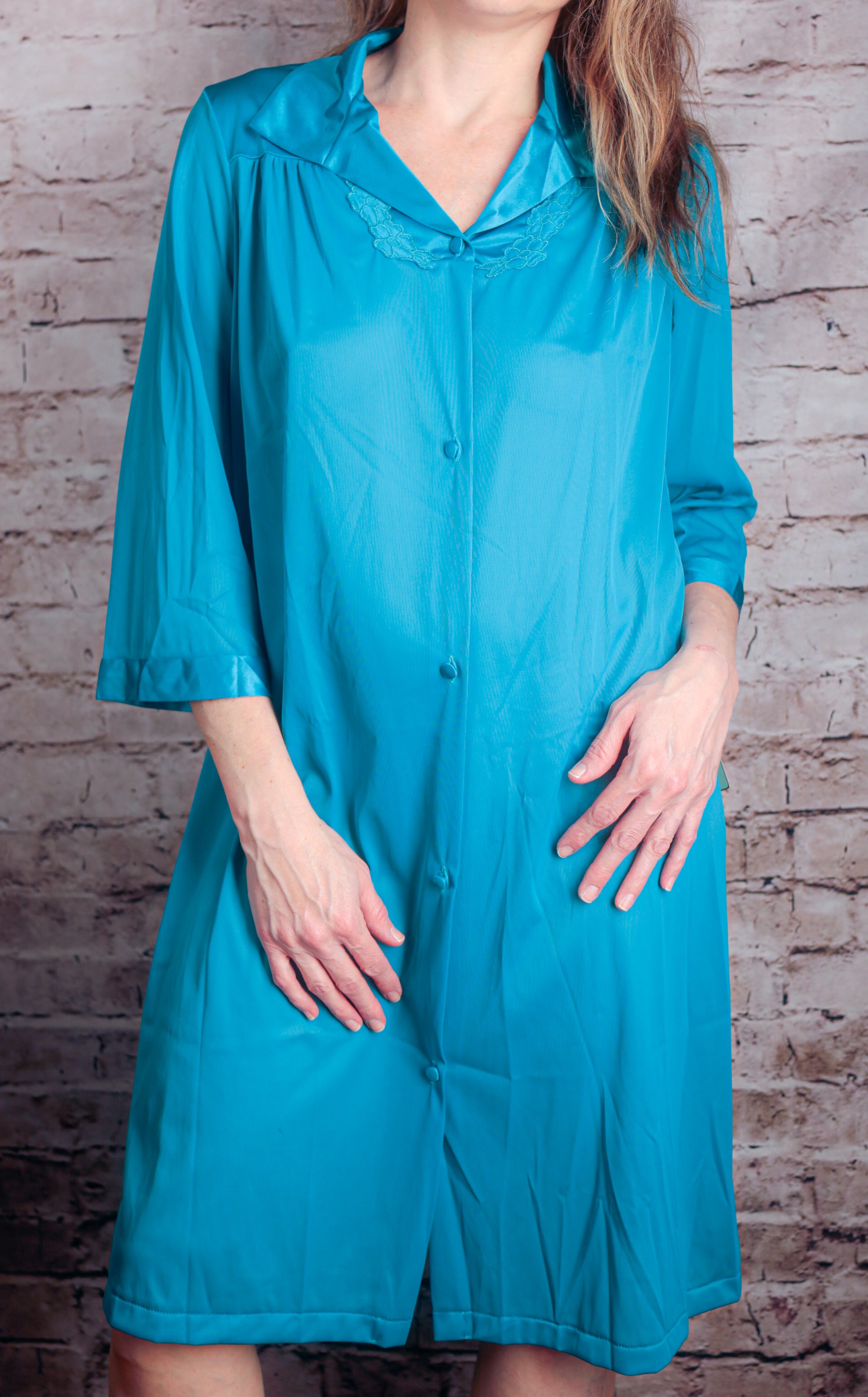 Vanity Fair Vintage Satin Embroidered Button Front Slip Peignoir Negligee Nightgown Small Blue NEW