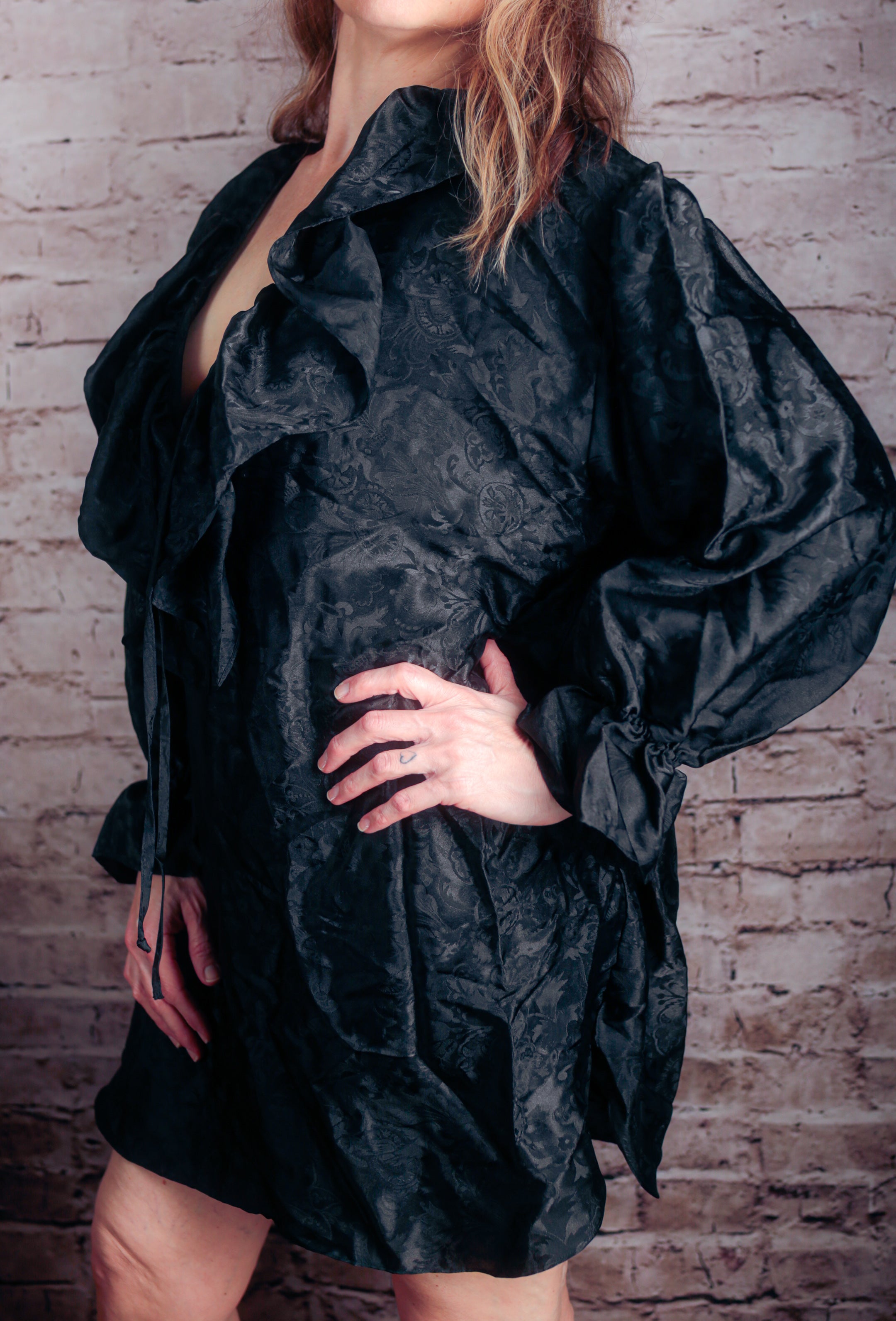 Adonna Vintage Jacquard Floral Satin Button Chemise Peignoir Negligee Nightgown Medium Black NEW