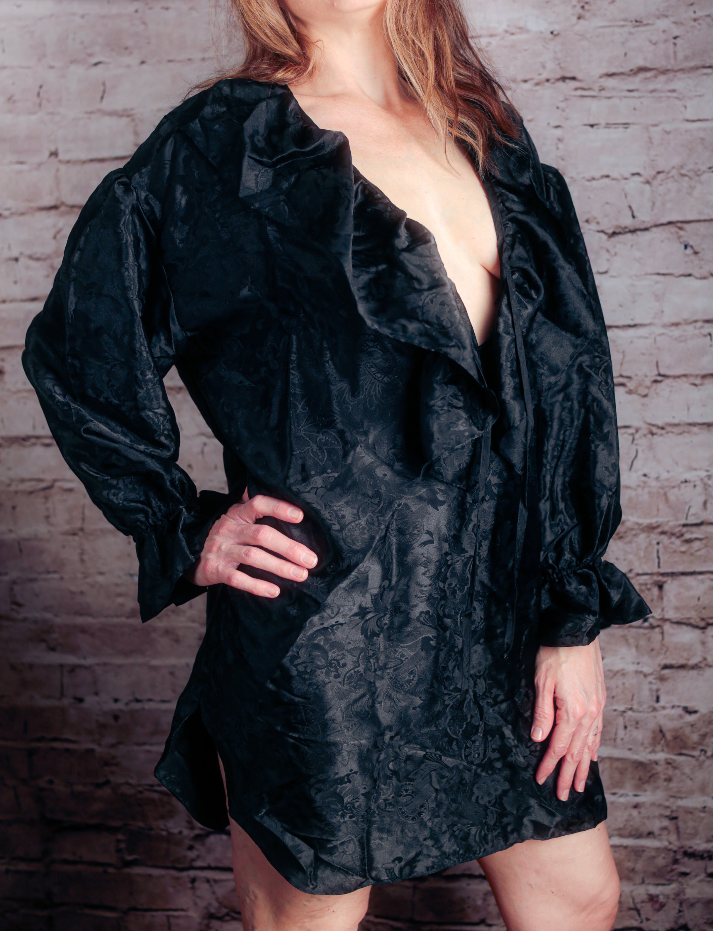 Adonna Vintage Jacquard Floral Satin Button Chemise Peignoir Negligee Nightgown Medium Black NEW