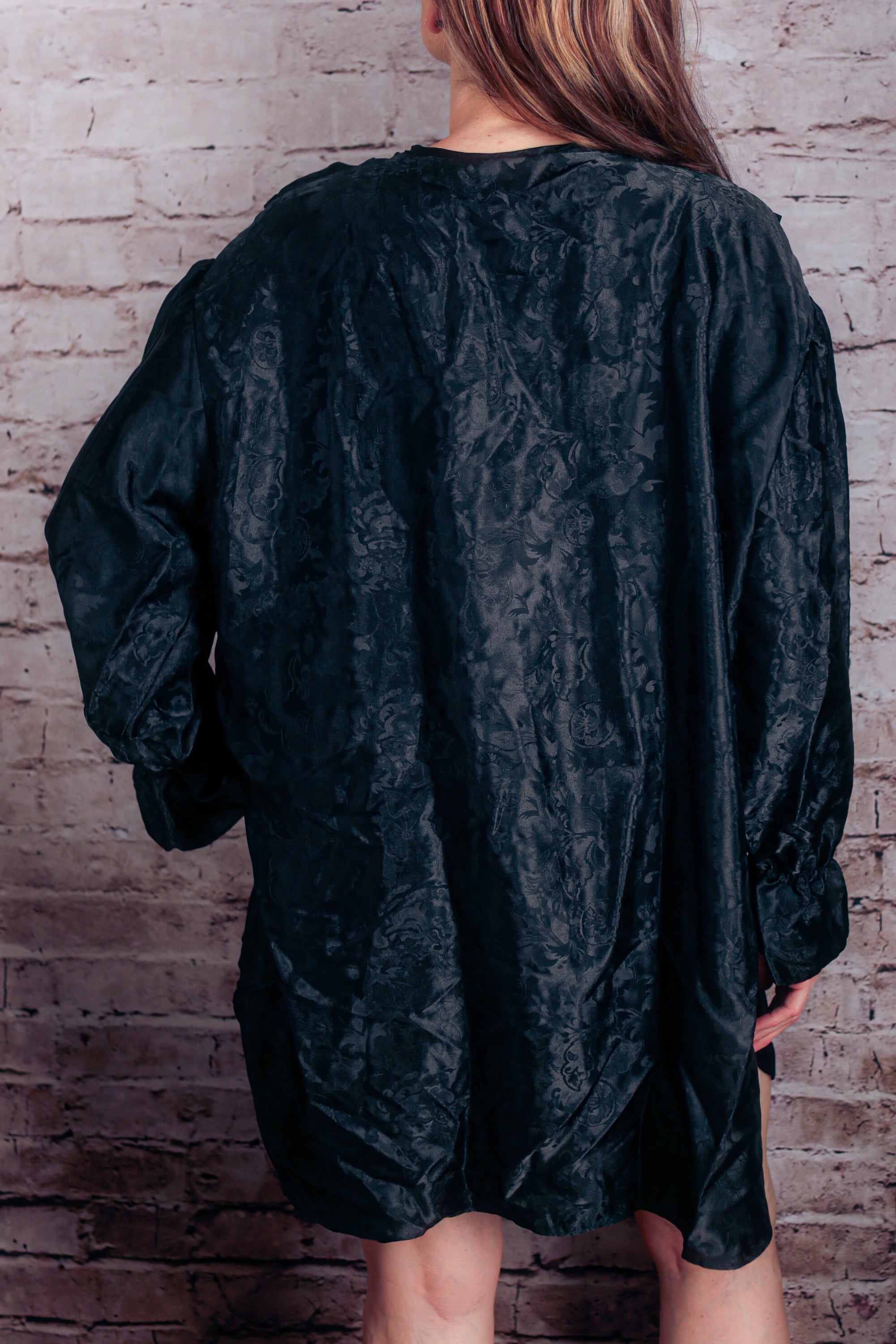 Adonna Vintage Jacquard Floral Satin Button Chemise Peignoir Negligee Nightgown Medium Black NEW