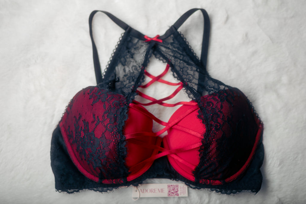 Adore Me 34DD Milena Push-up Padded Lace-up Bra Red Black NEW