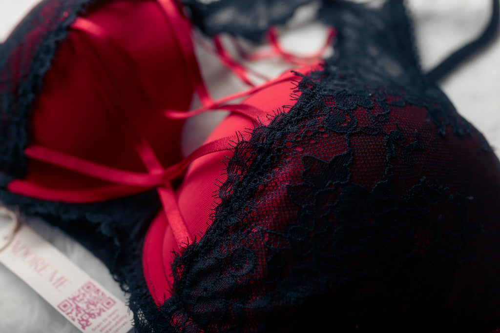 Adore Me 34DD Milena Push-up Padded Lace-up Bra Red Black NEW