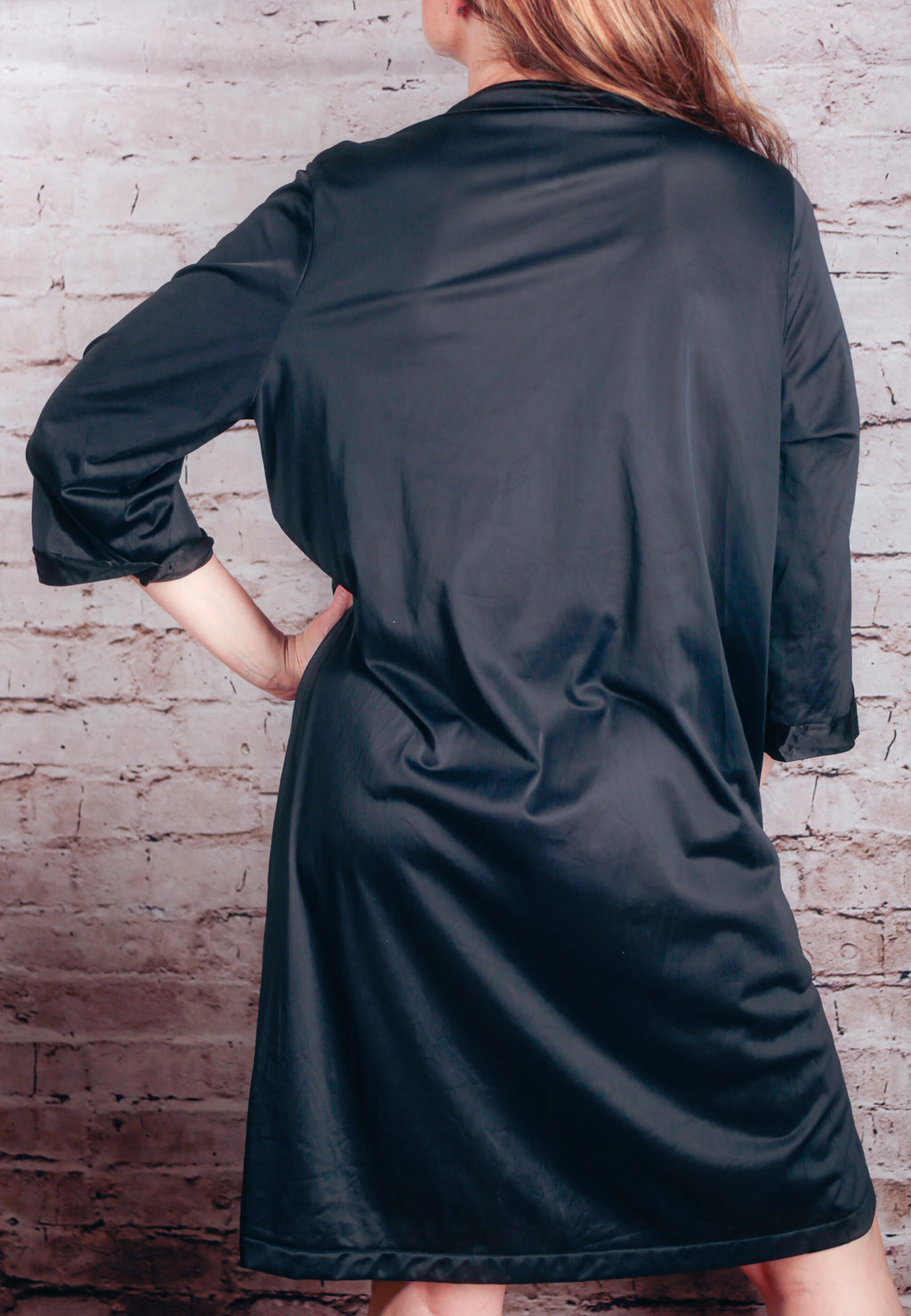 Vanity Fair Vintage Satin Embroidered Button Front Slip Peignoir Negligee Nightgown Medium Black