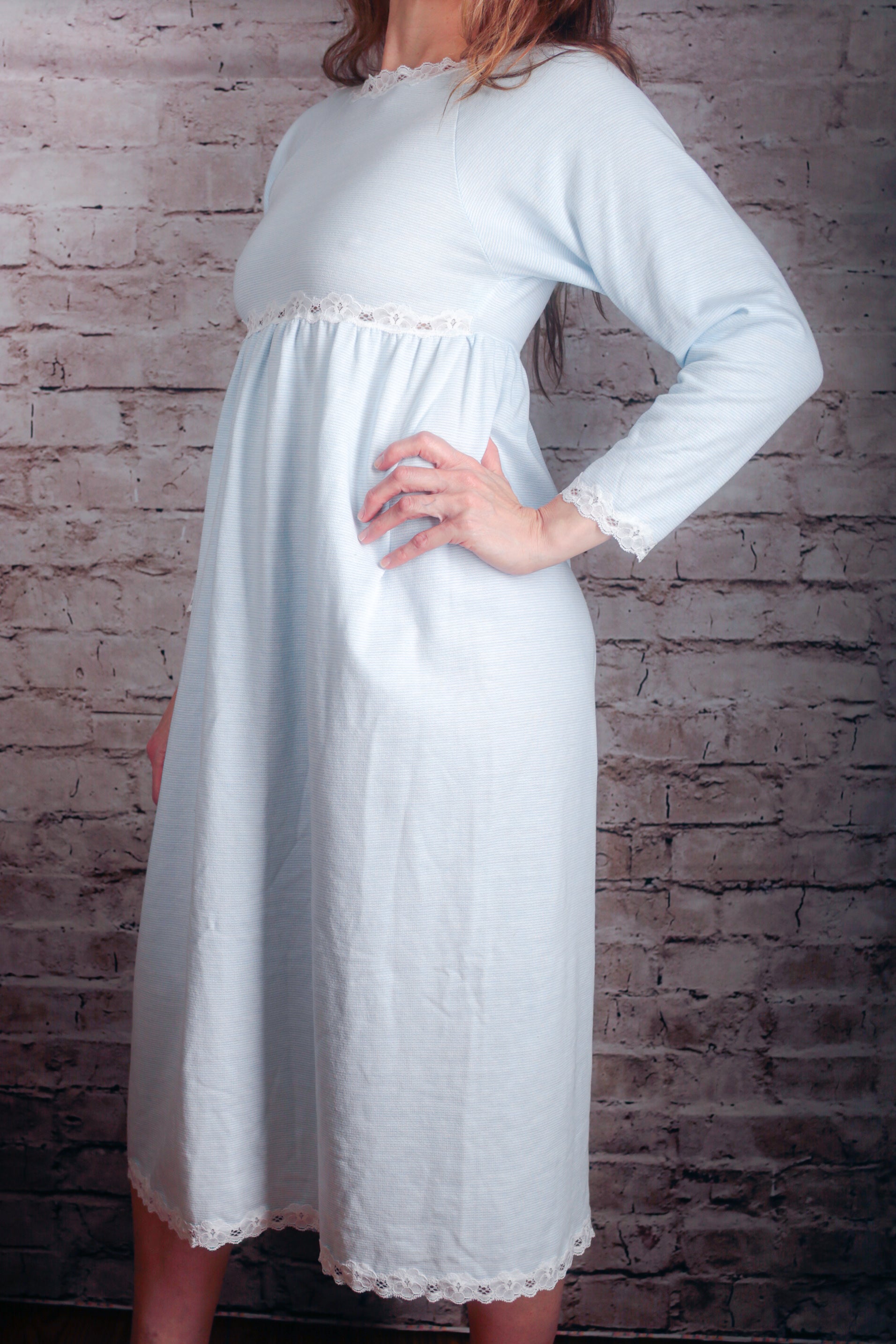 Papillon Paula Carbone Vintage Knit Super Soft Stretch Comfy Negligee Nightgown Petite Medium Blue