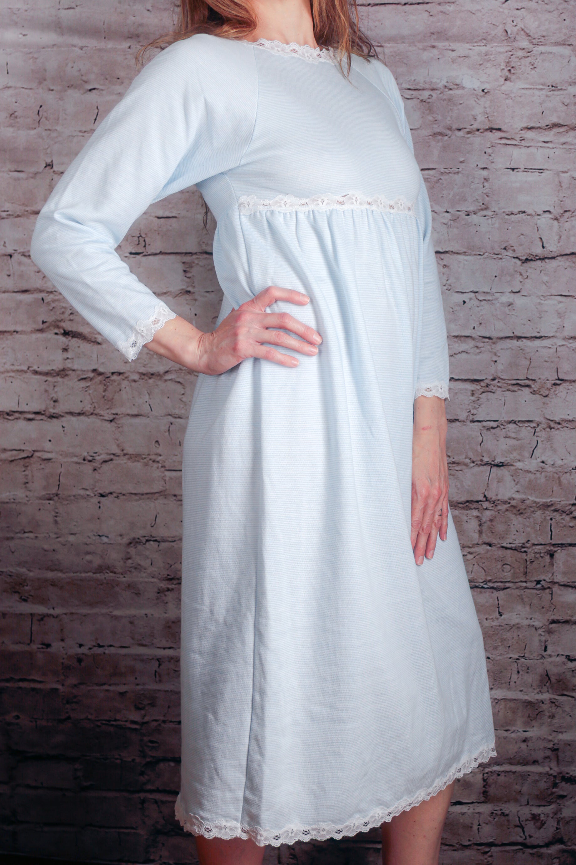 Papillon Paula Carbone Vintage Knit Super Soft Stretch Comfy Negligee Nightgown Petite Medium Blue