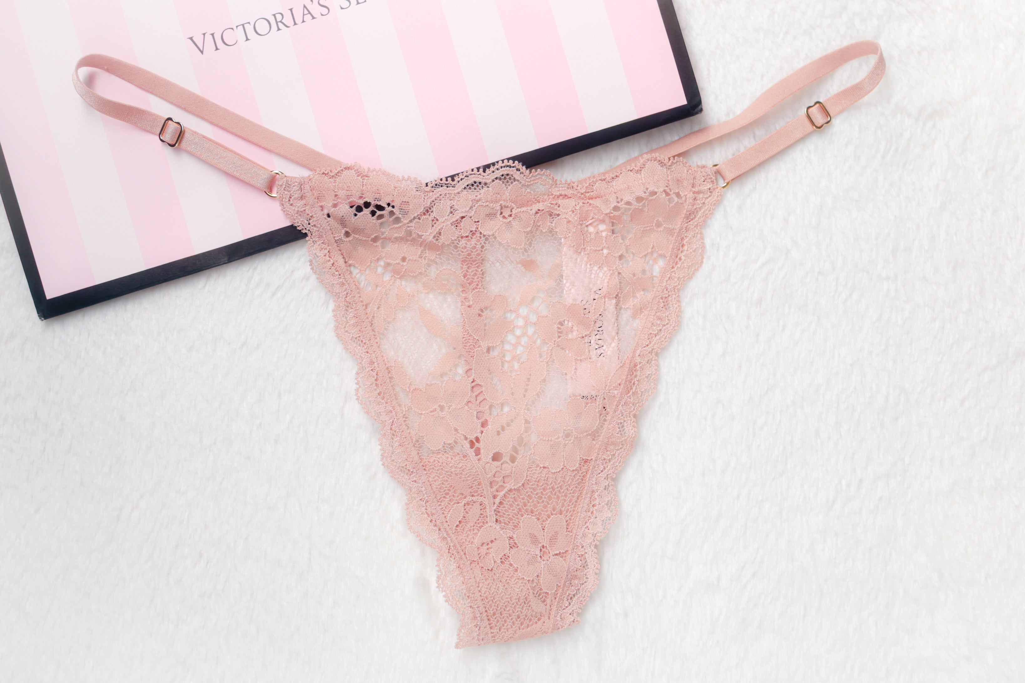 Victoria's Secret Lace Adjustable String Thong Panty Medium Beige NEW