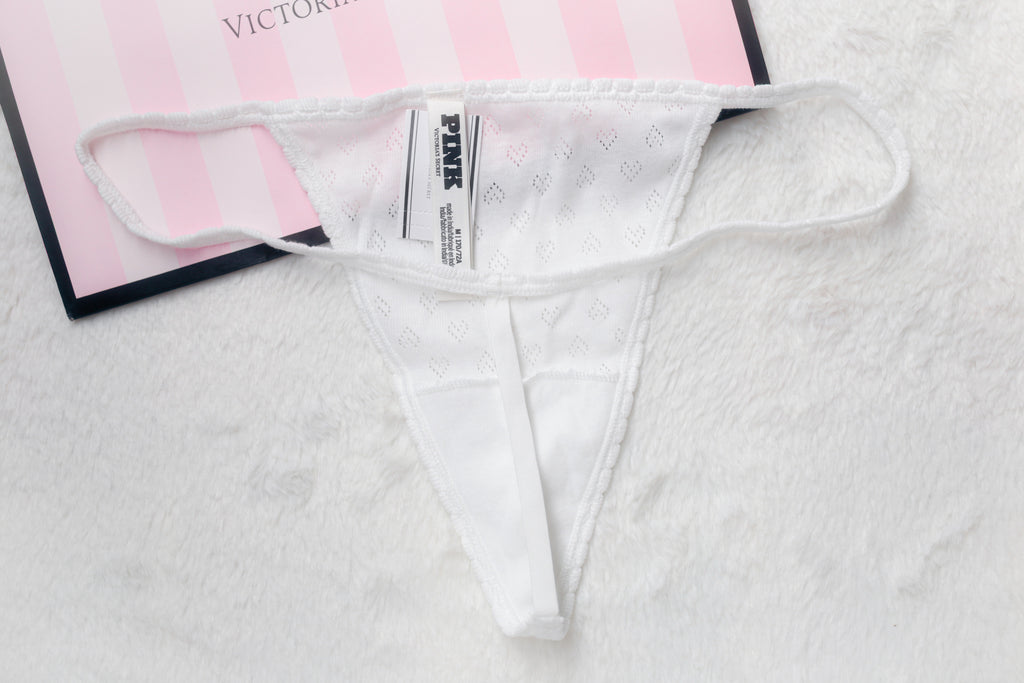 Victoria's Secret Cotton V String Thong Panty Medium White Pointelle NEW