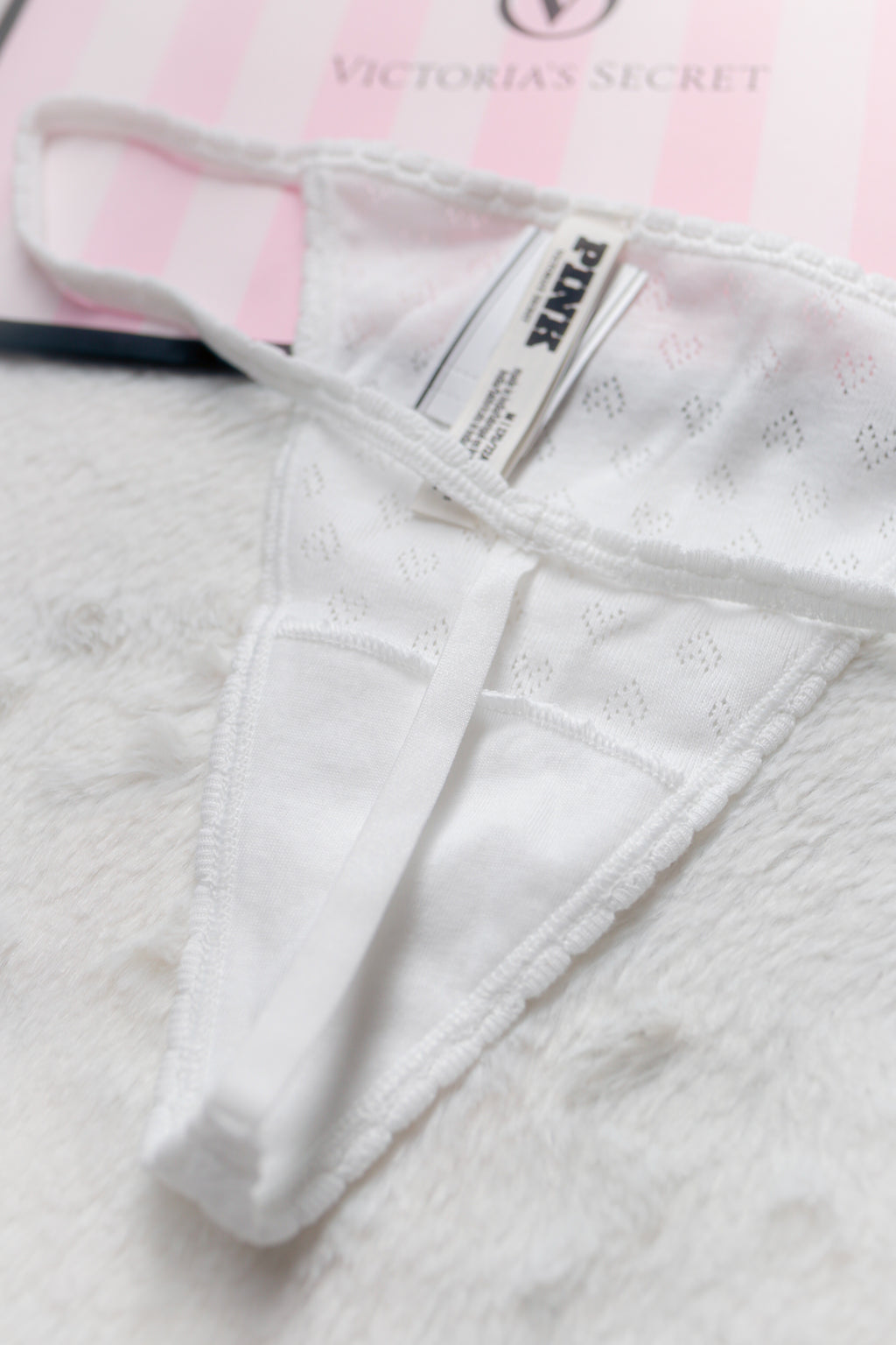 Victoria's Secret Cotton V String Thong Panty Medium White Pointelle NEW