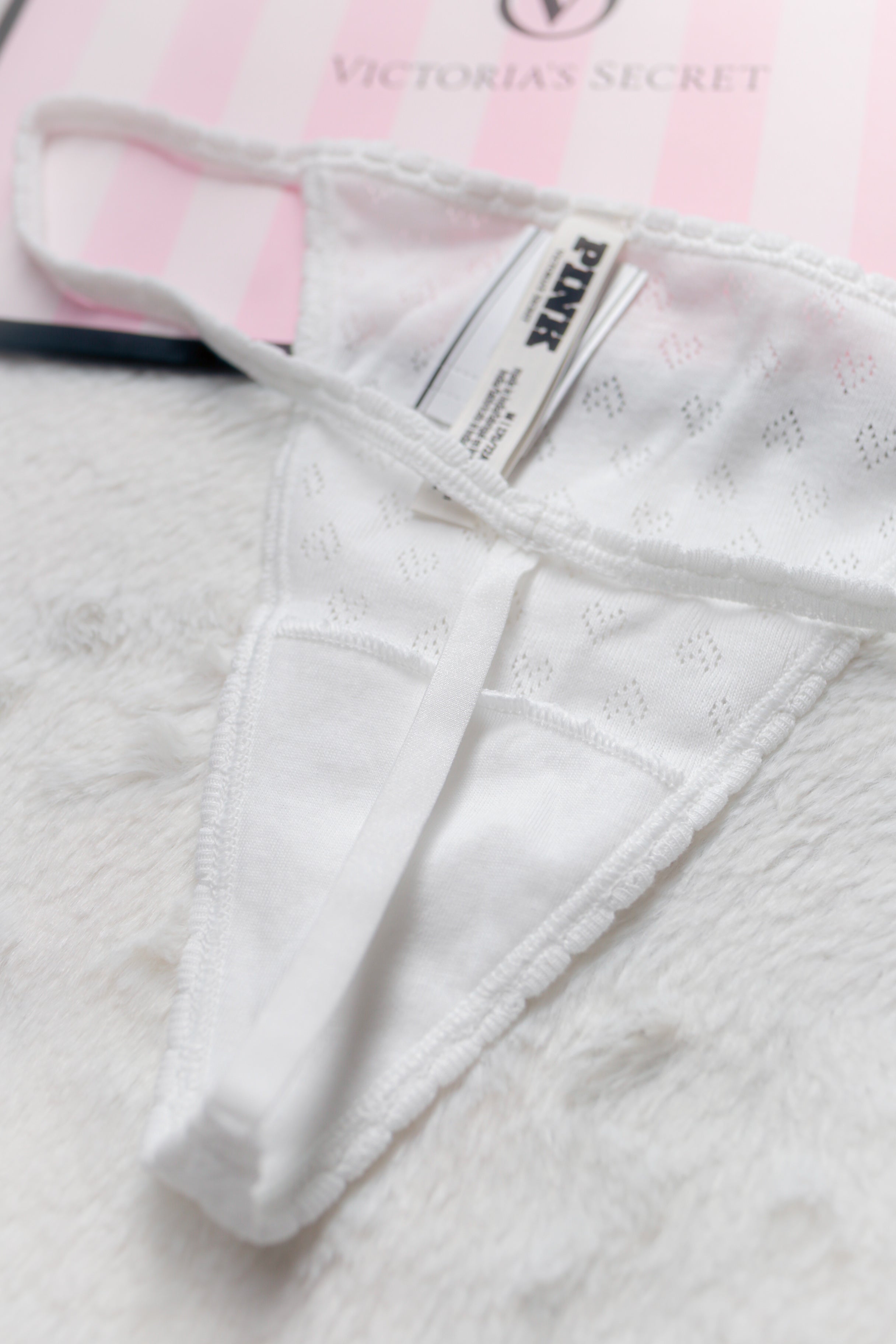 Victoria's Secret Cotton V String Thong Panty Medium White Pointelle NEW
