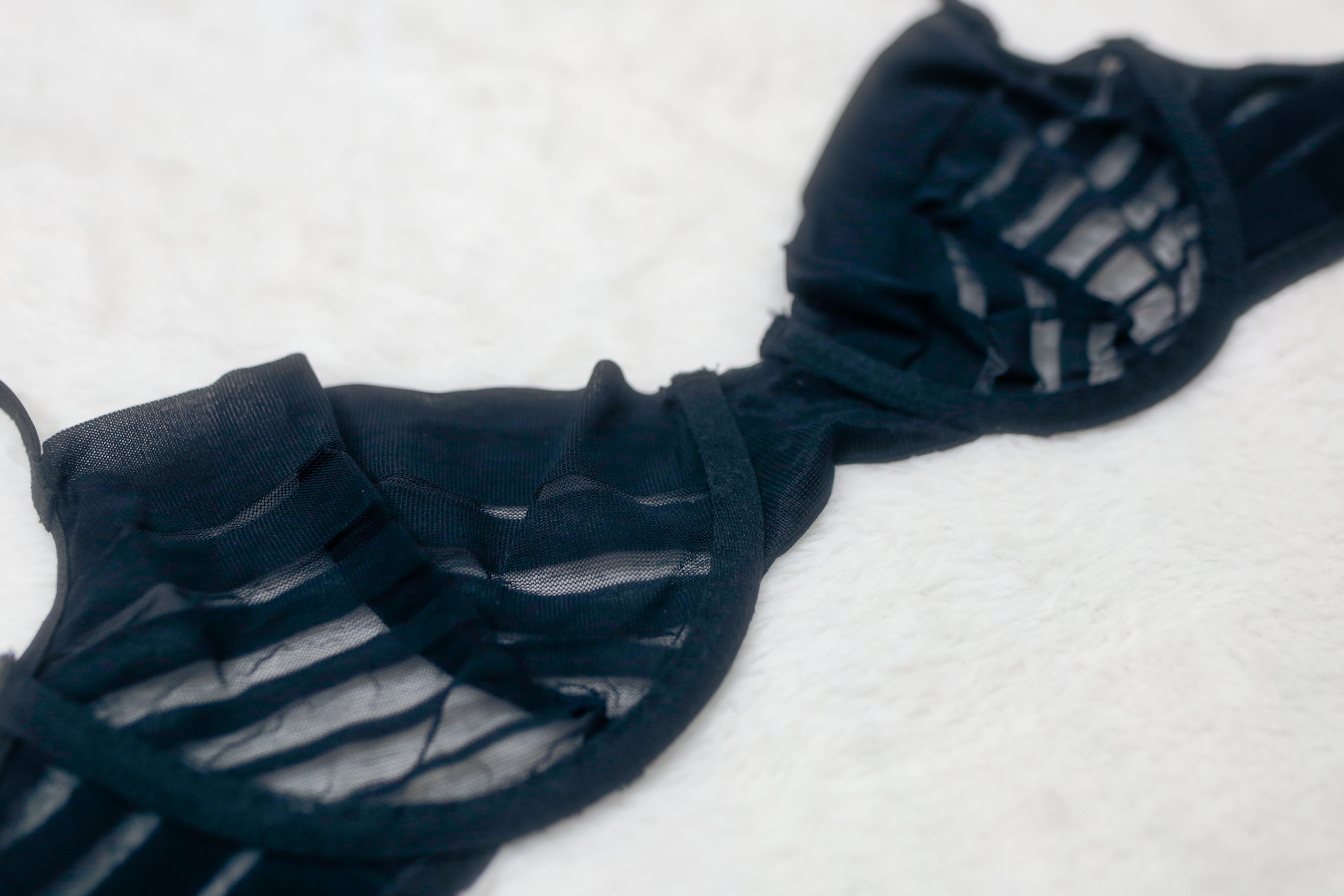 Unlined 80B 36A Mesh Striped Balconette Bra Black