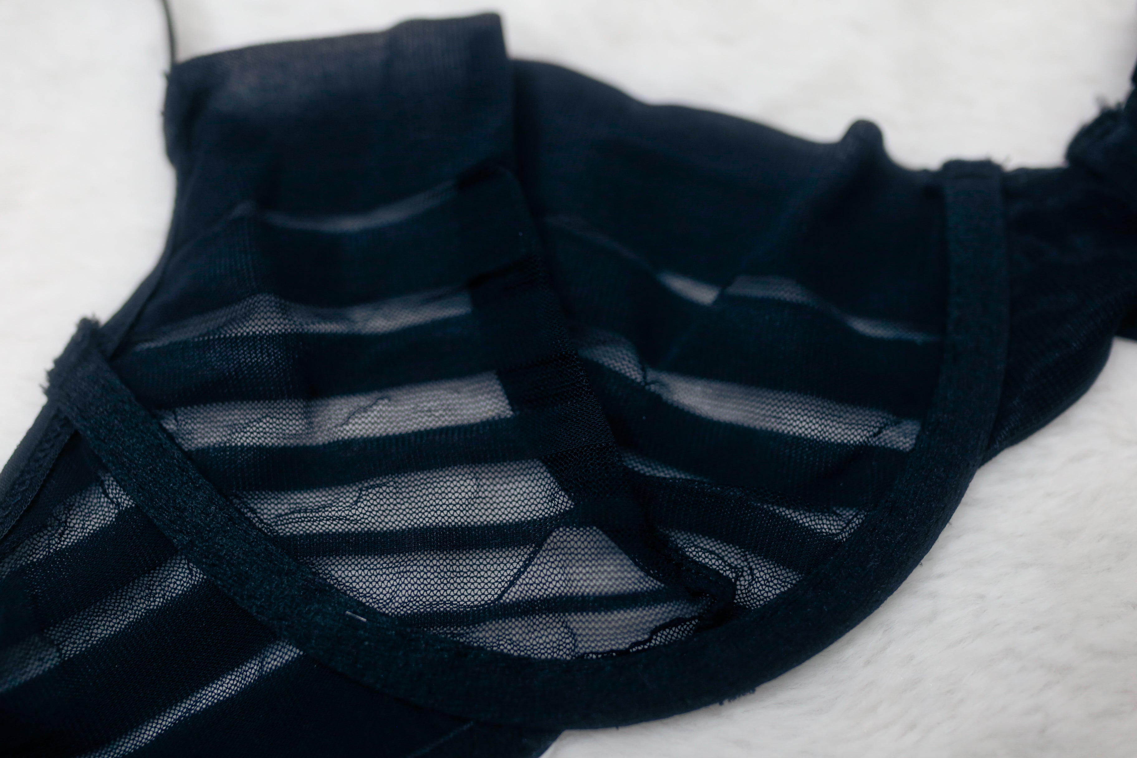 Unlined 80B 36A Mesh Striped Balconette Bra Black