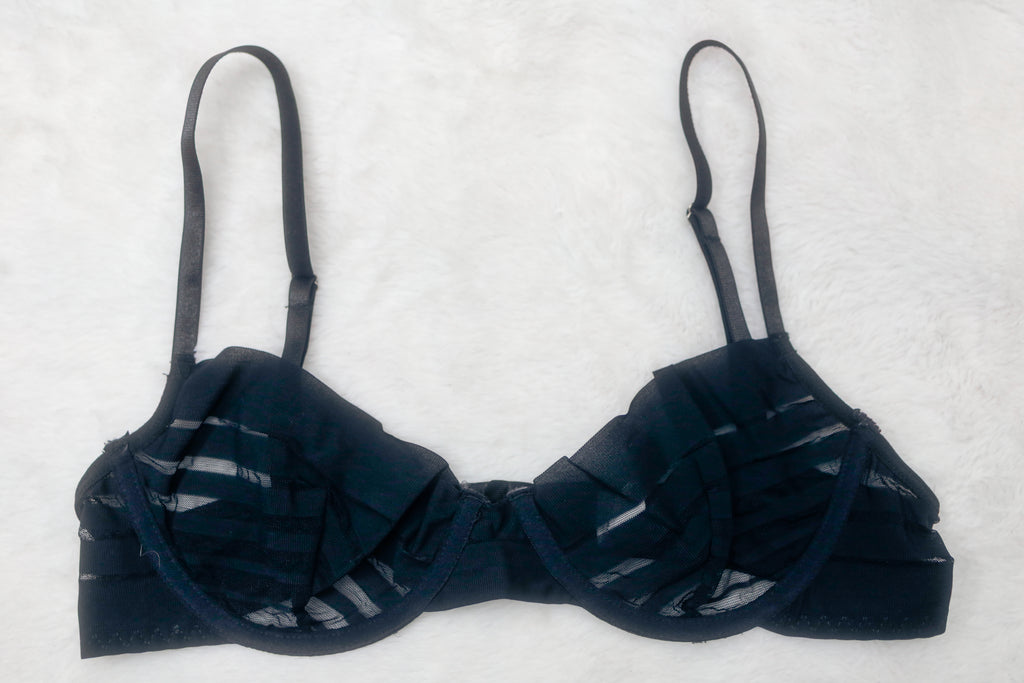Unlined 80B 36A Mesh Striped Balconette Bra Black