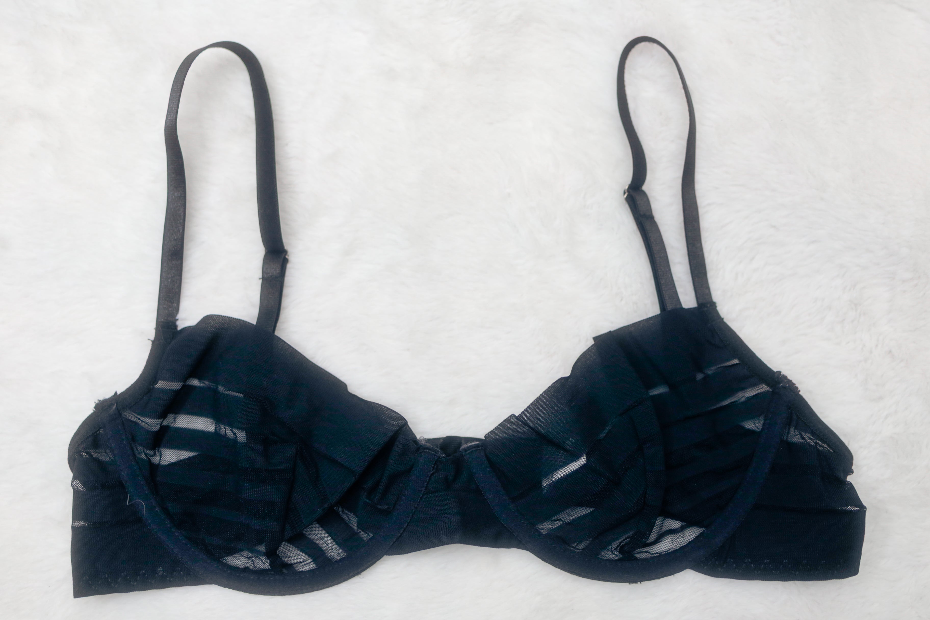 Unlined 80B 36A Mesh Striped Balconette Bra Black