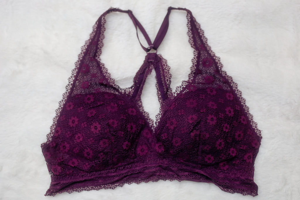Victoria's Secret Floral Lace Lined Wireless Bralette Bra Medium Purple Wine