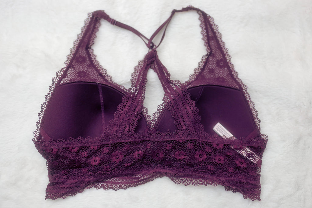 Victoria's Secret Floral Lace Lined Wireless Bralette Bra Medium Purple Wine