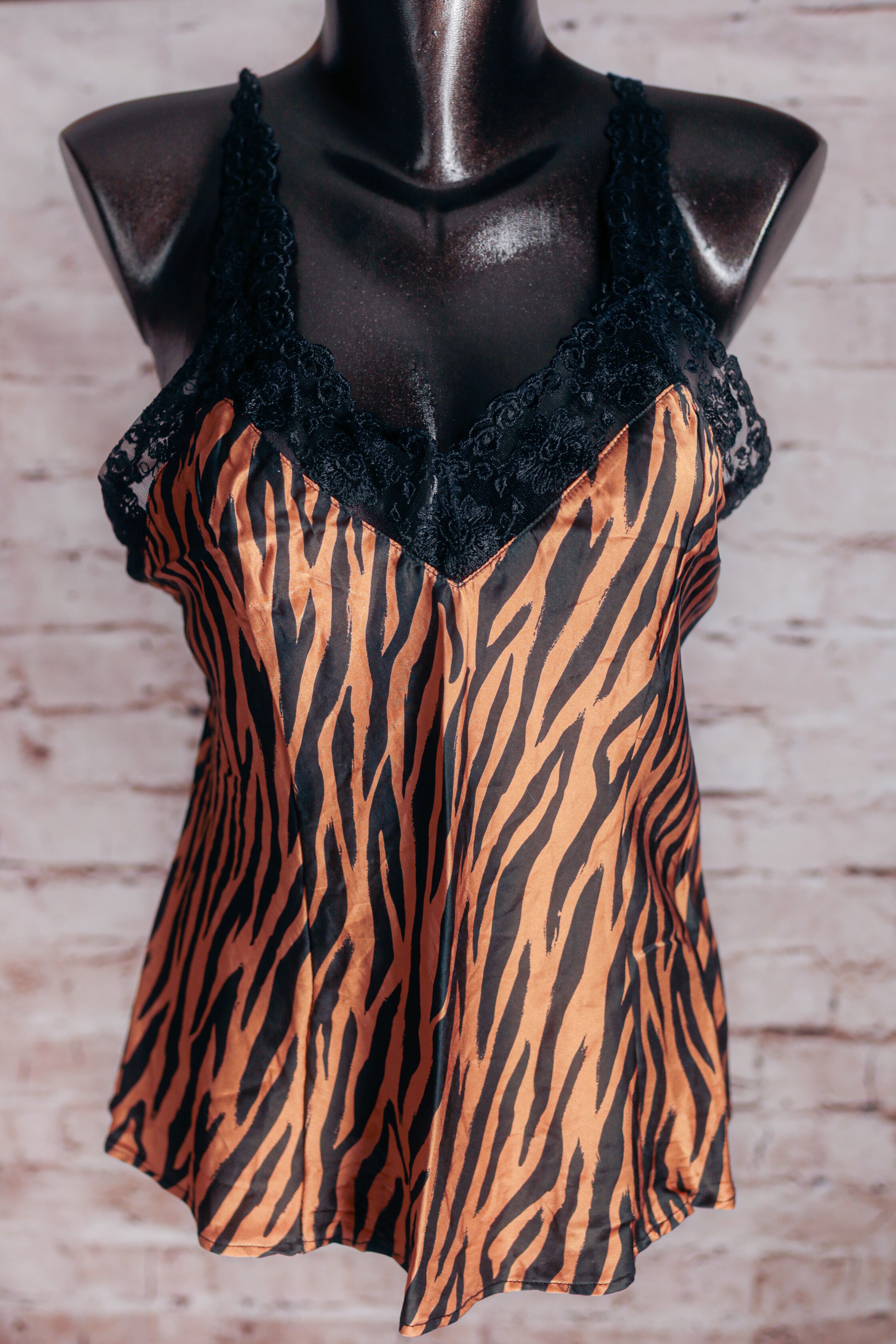 Silkscreen 100% Silk Cami Chemise Lingerie Tiger Stripe and Lace Large