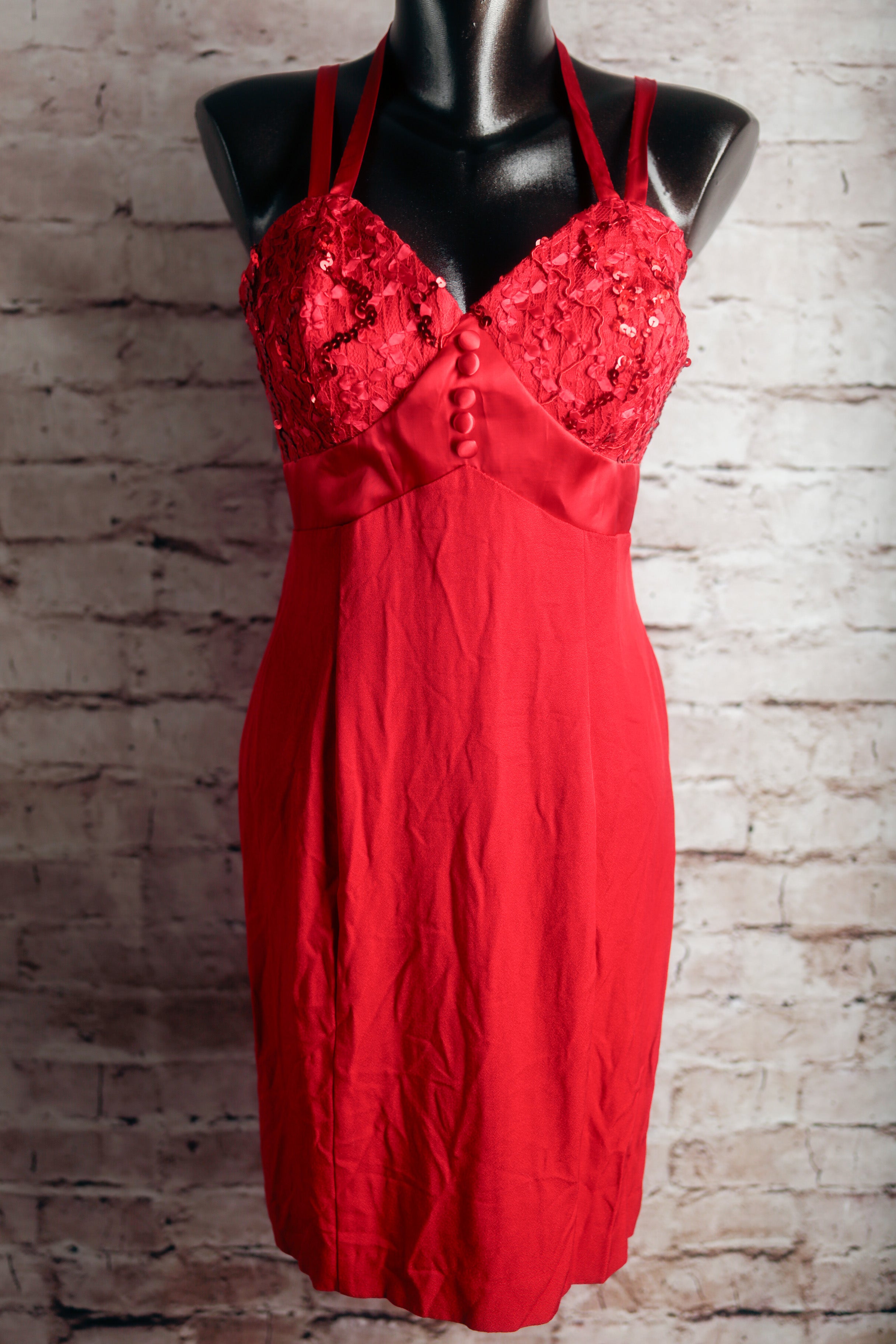 Frederick's of Hollywood Vintage Y2K Formal Hoco Sequin Mini Dress 7/8 Small Red Crepe