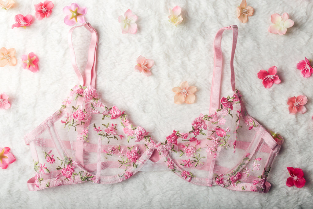 Pink Floral Embroidered Sheer Mesh Underwire Bra Small