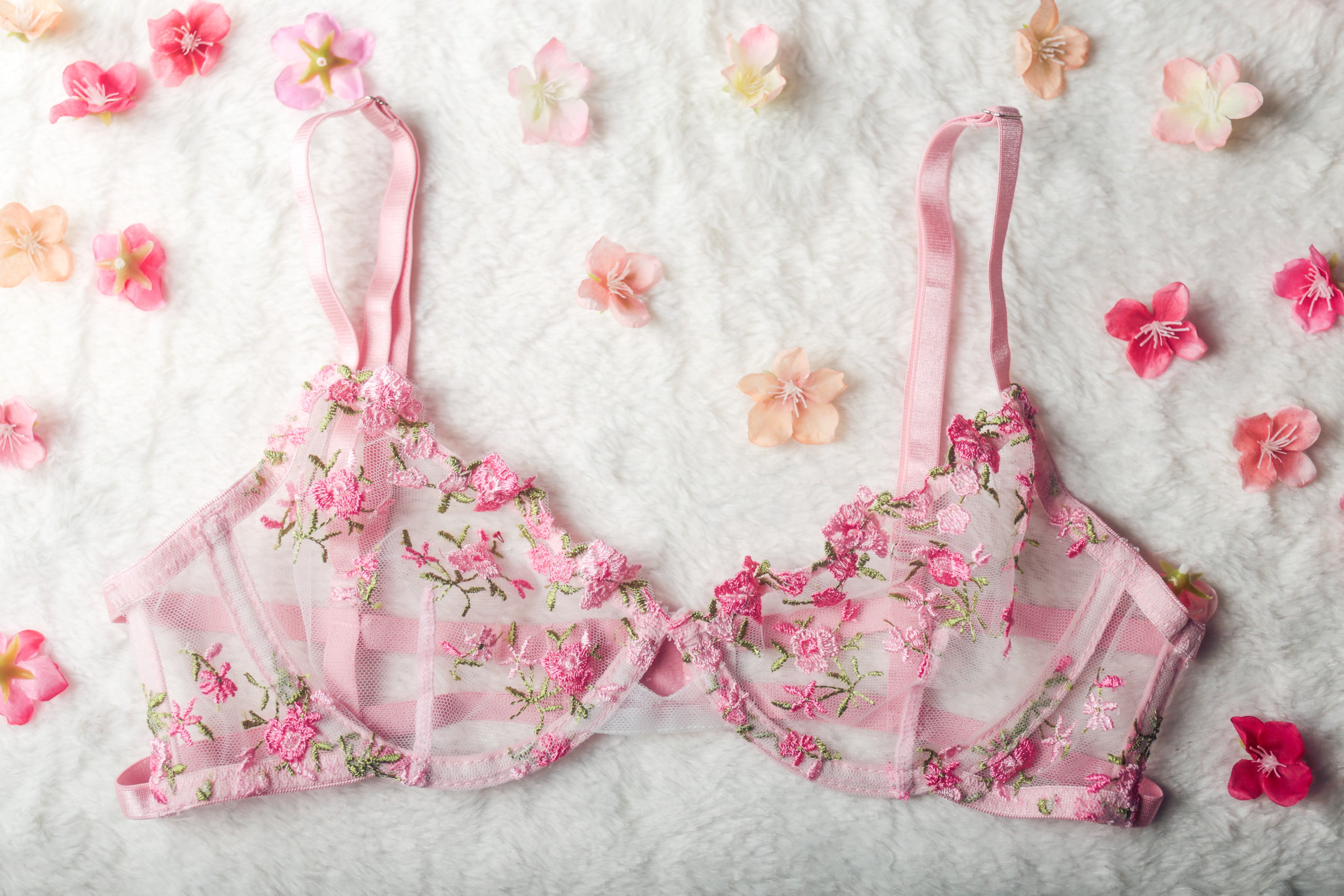 Pink Floral Embroidered Sheer Mesh Underwire Bra Small