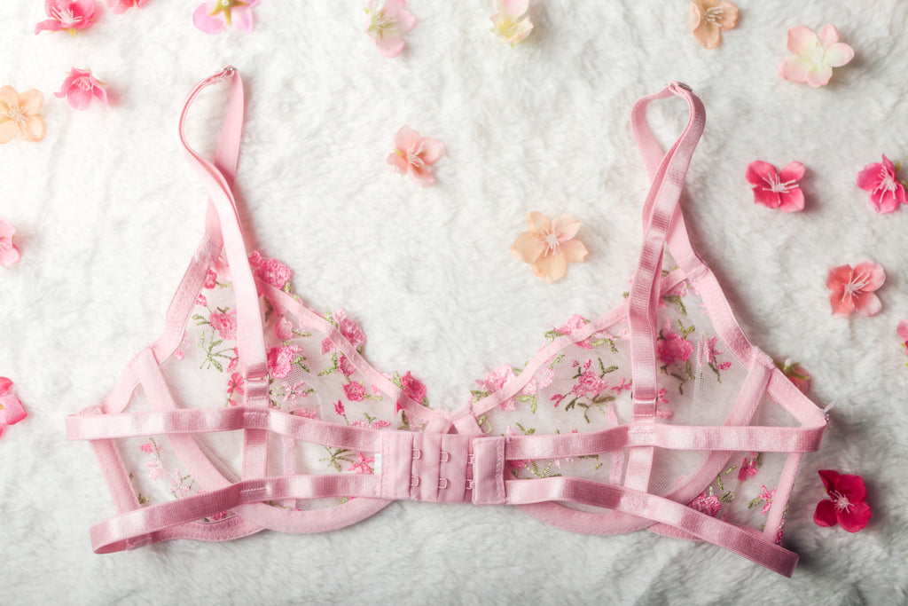 Pink Floral Embroidered Sheer Mesh Underwire Bra Small