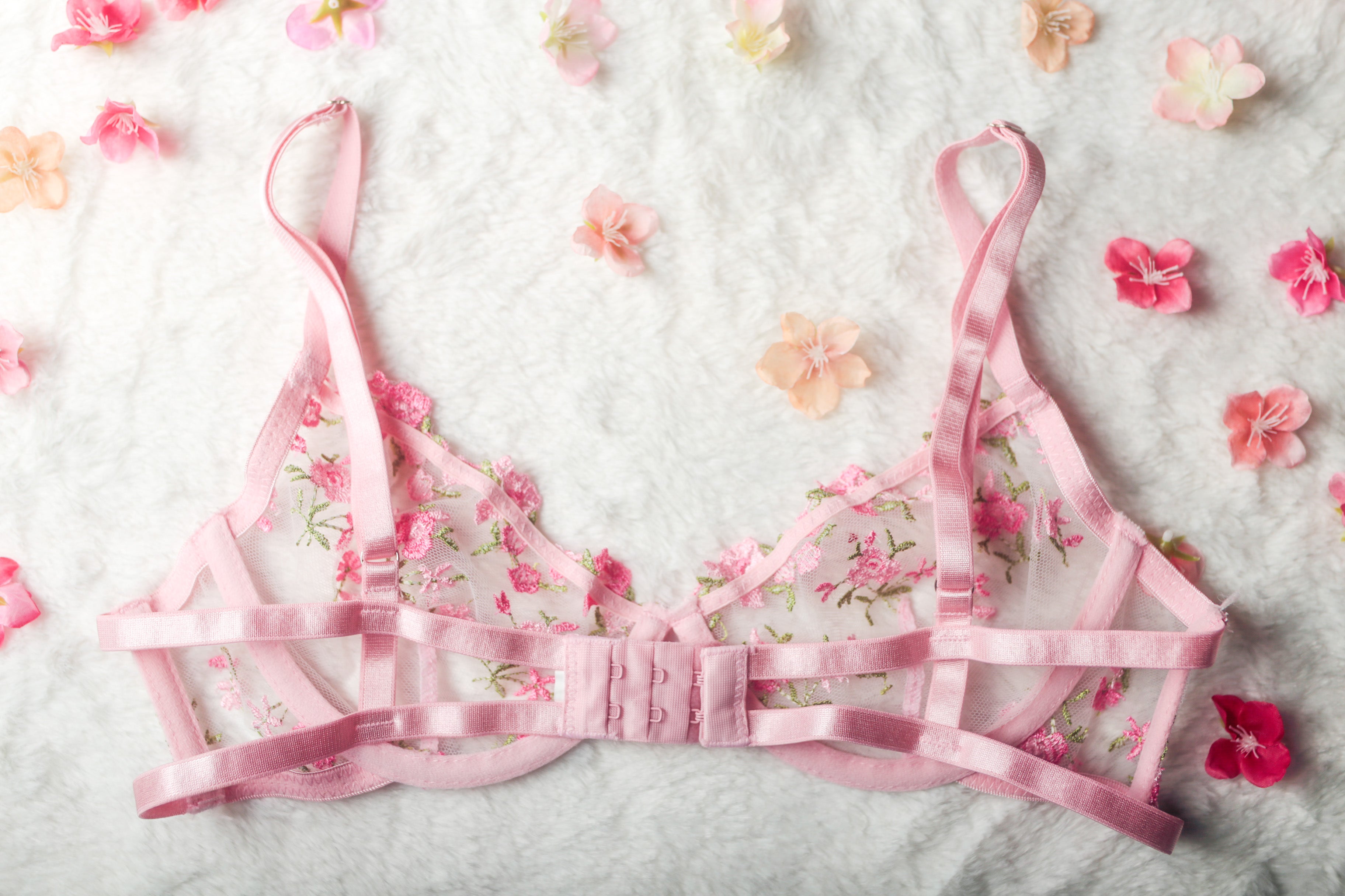 Pink Floral Embroidered Sheer Mesh Underwire Bra Small