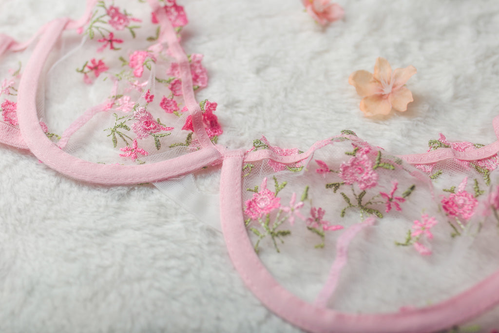 Pink Floral Embroidered Sheer Mesh Underwire Bra Small