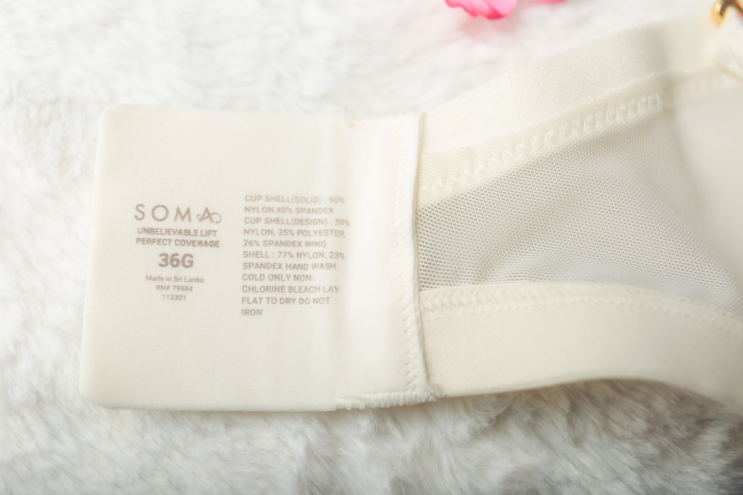 Soma 36G Unbelievable Lift Perfect Coverage Unlined Sheer Underwire Bra White NEW