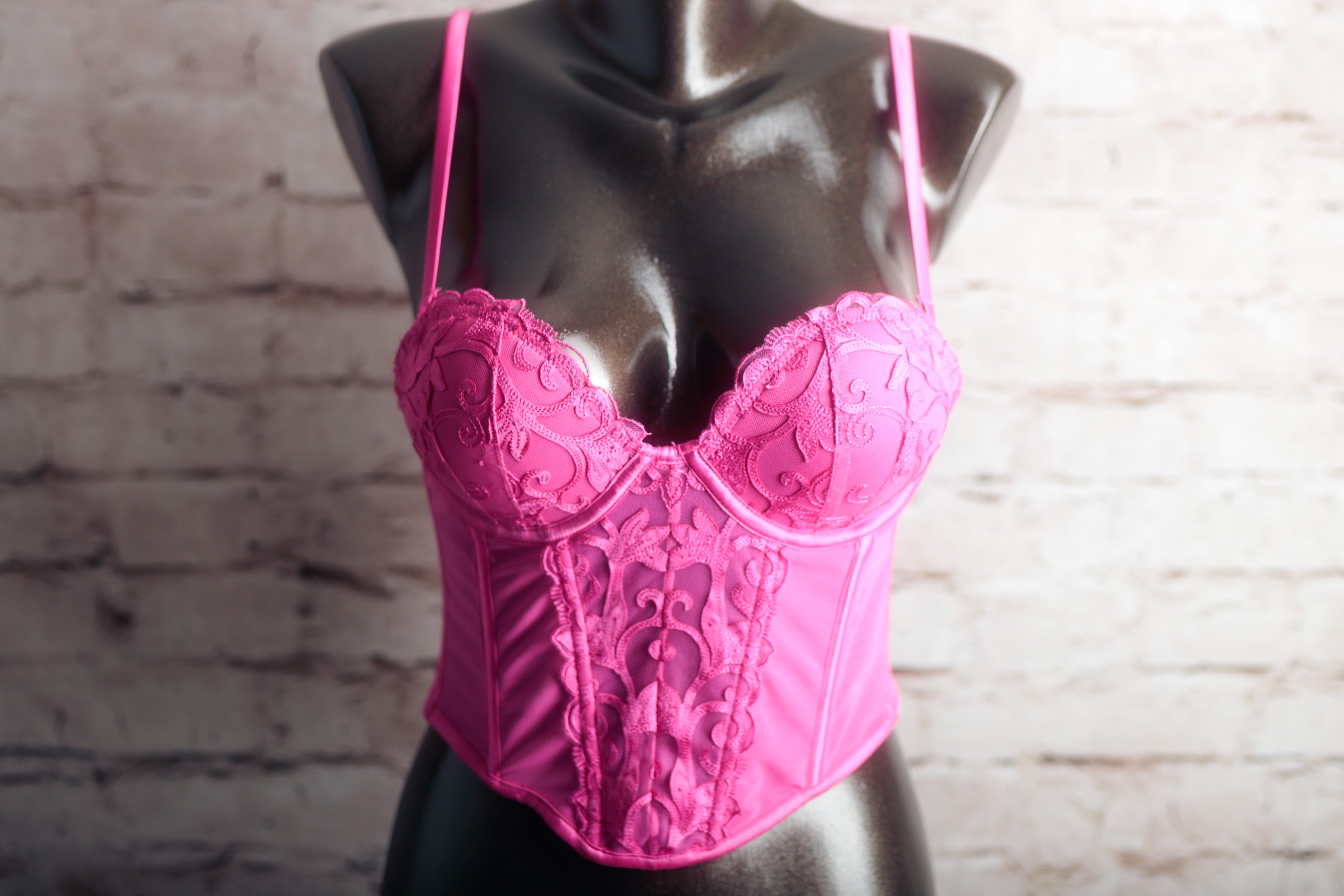 Primark 34A Bustier Corset Boned Bra Pink Lace Mesh