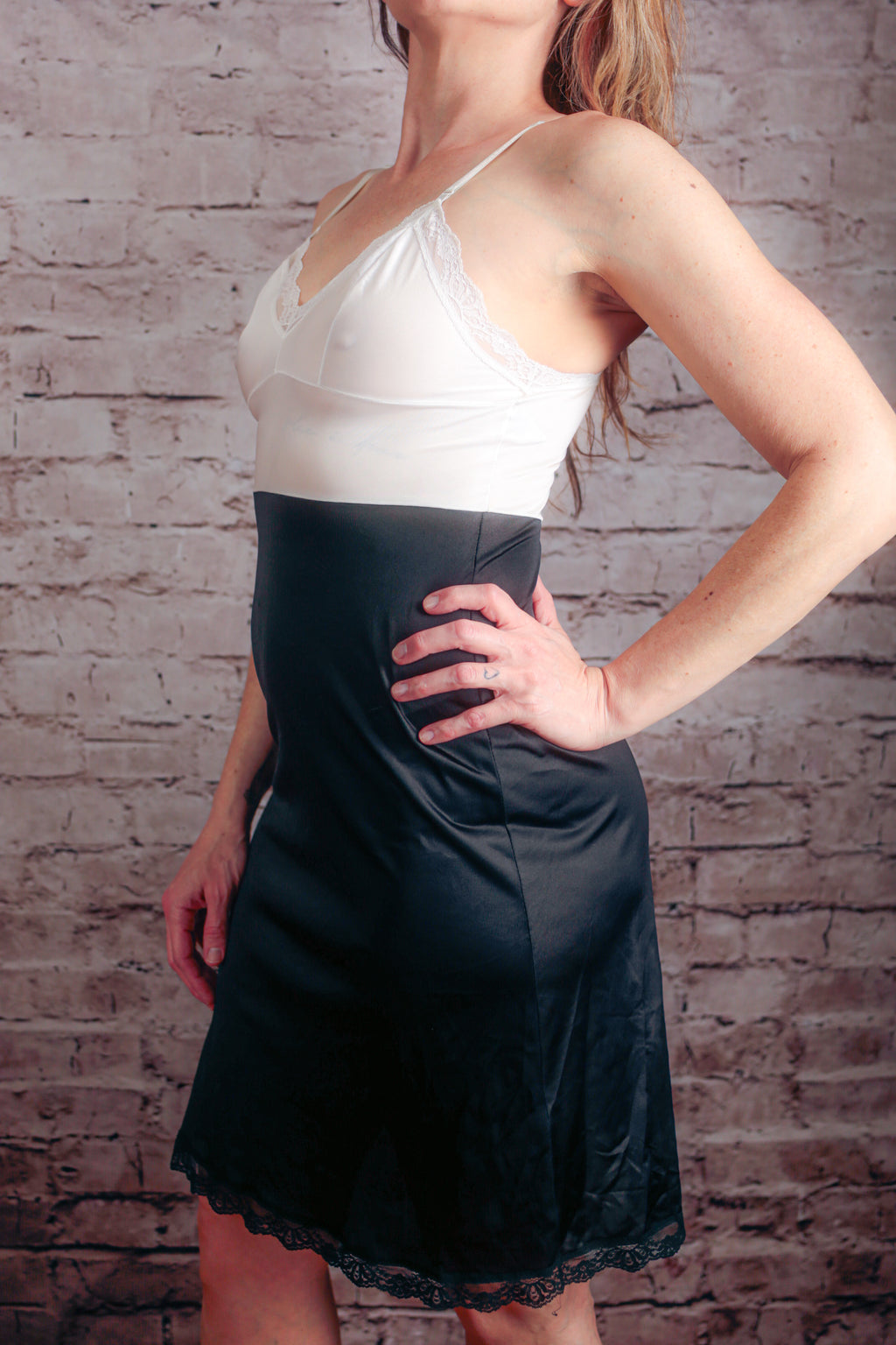 Sarah Smith Vintage Satin Lace Full Slip 34 Black and White USA-made