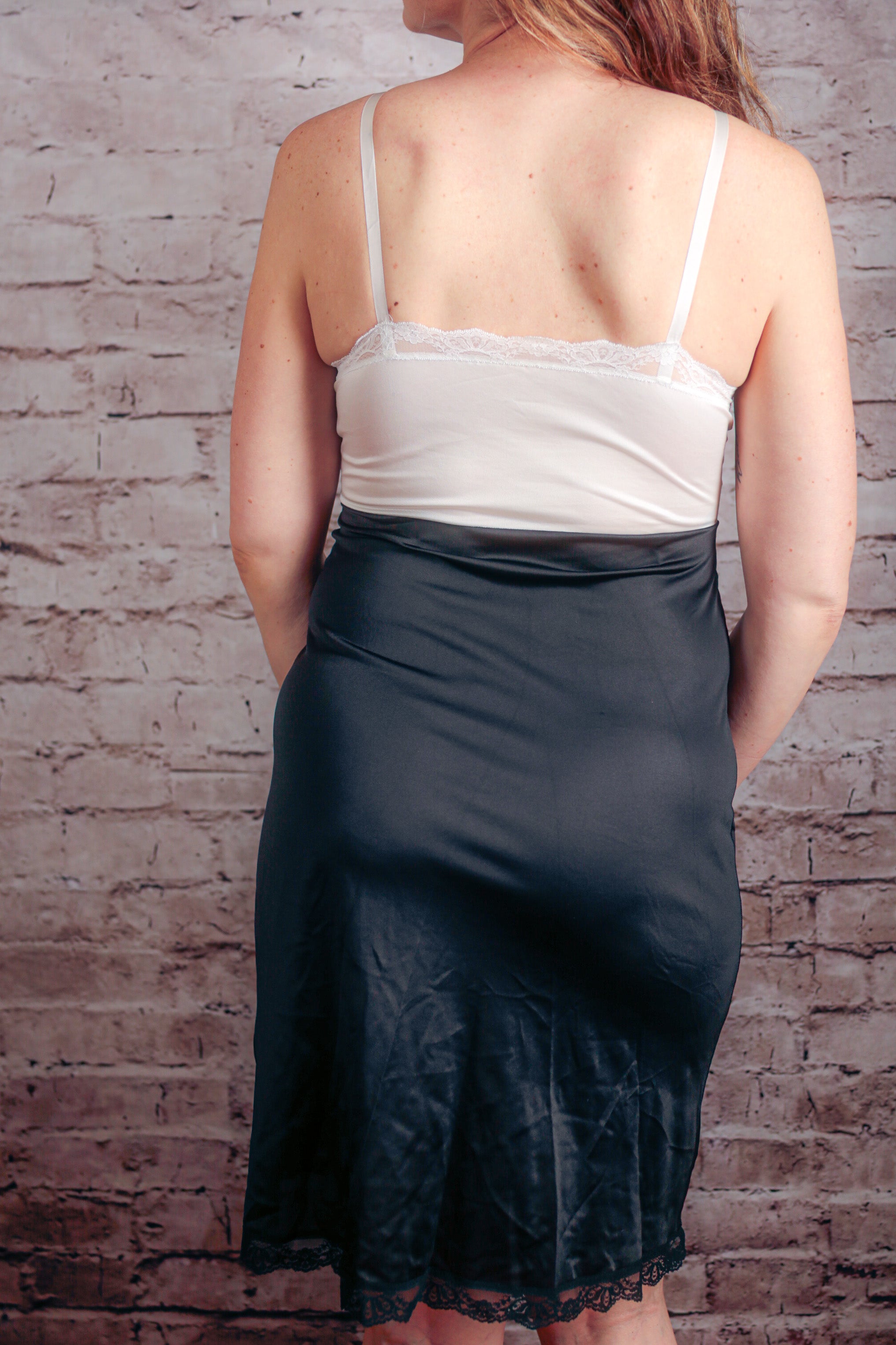 Sarah Smith Vintage Satin Lace Full Slip 34 Black and White USA-made