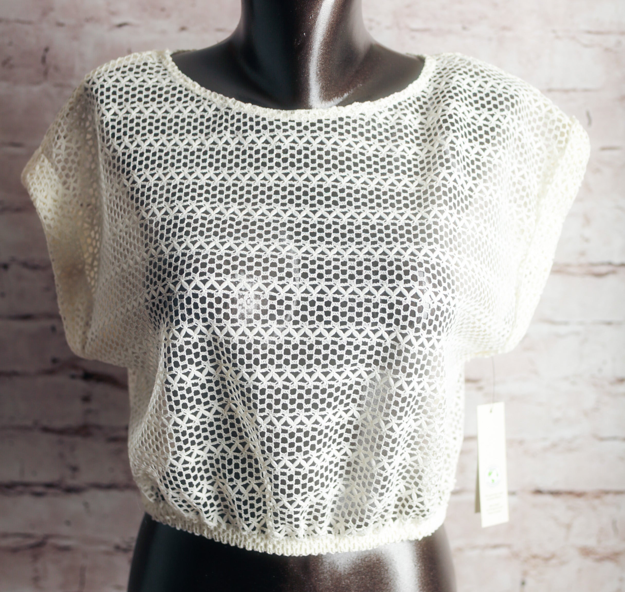 Crochet Sheer Open Mesh Stretch Top White NEW