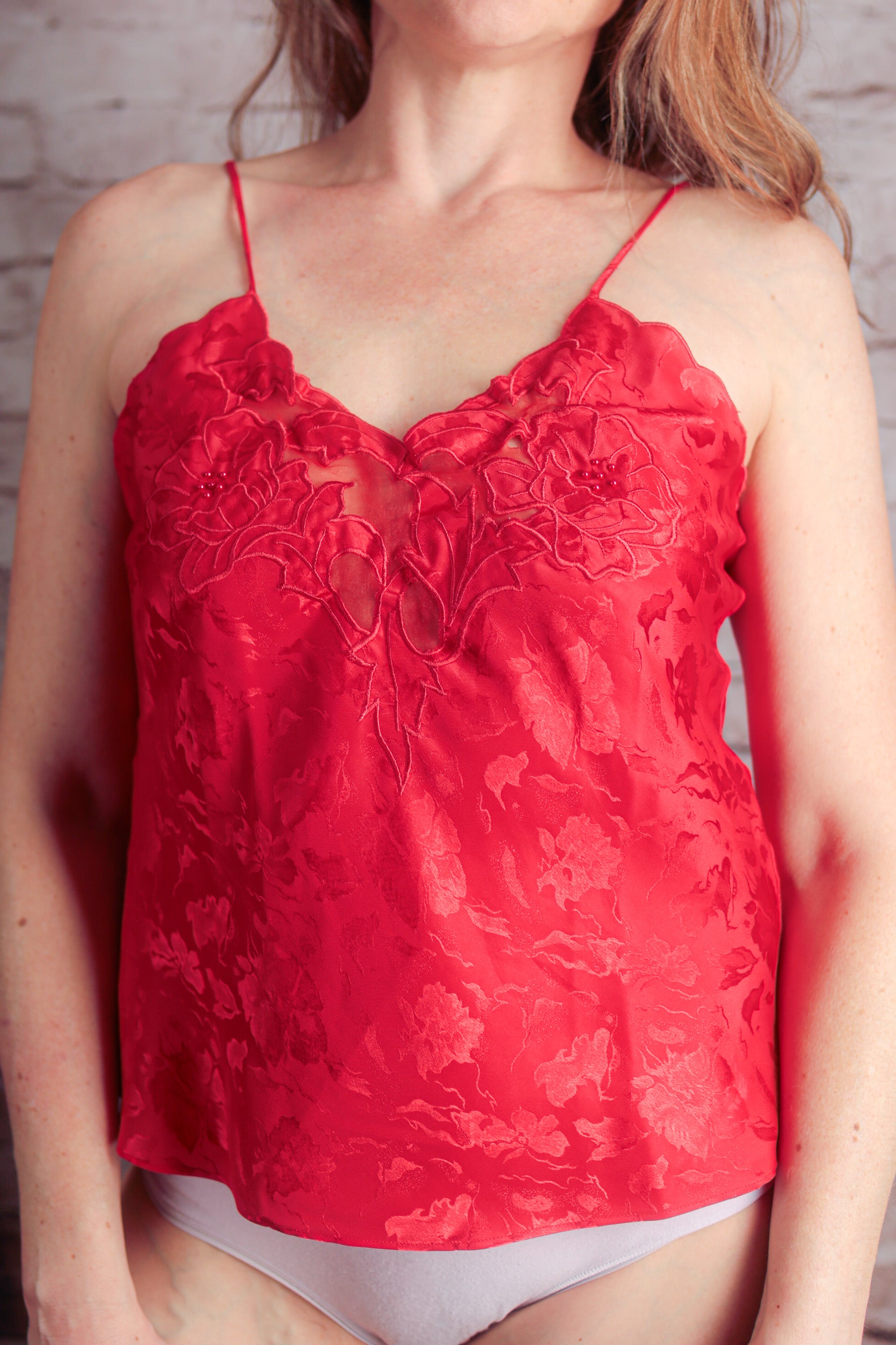 Erika Taylor Vintage Jacquard Shiny Satin Camisole Lingerie Small Red