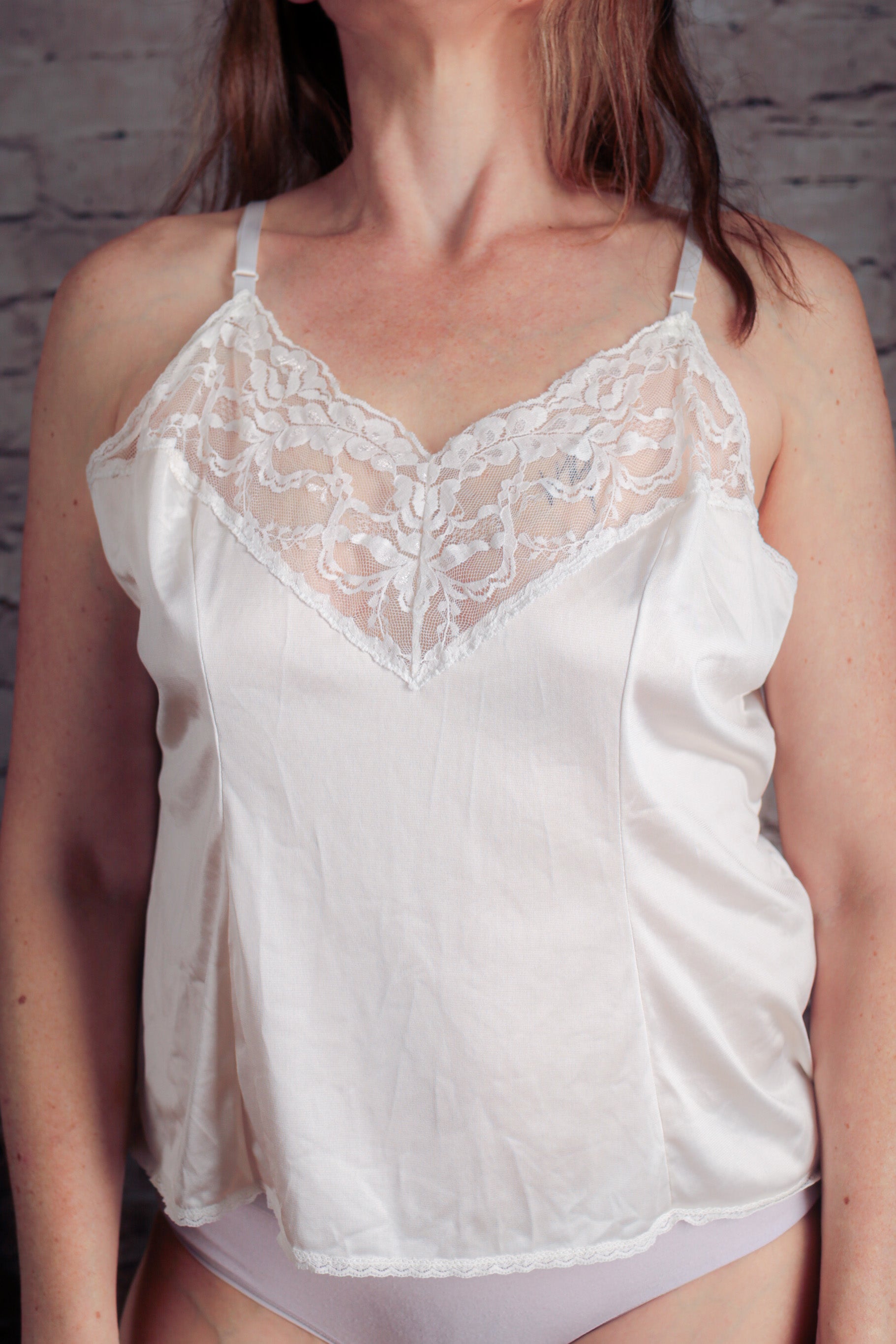 Vassarette Vintage Sheer Satin and Lace Camisole Lingerie XXL White