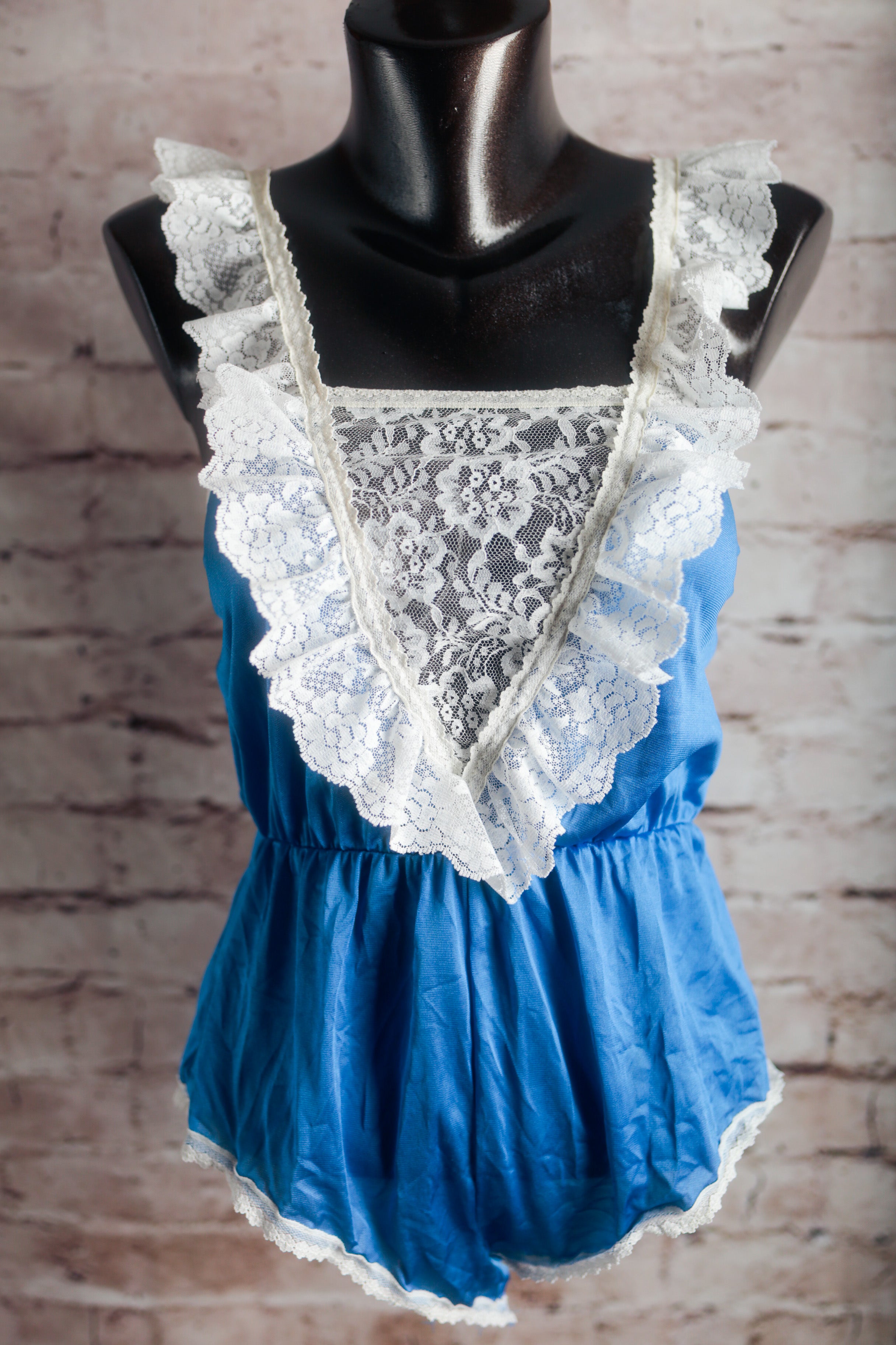 Lady Cameo Dallas Vintage Victorian French Maid Satin Lace Teddy Lingerie Blue Medium
